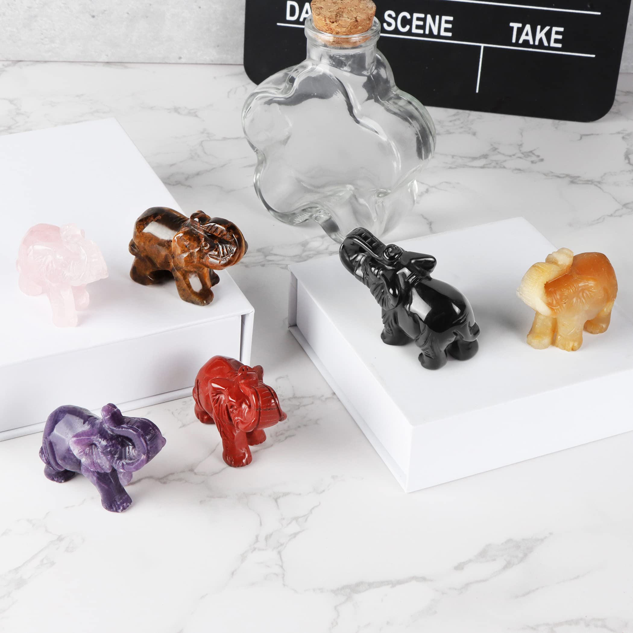 Hand Carved Black Obsidian Crystal Elephant Statue - 2 Inch Gemstone Animal Sculpture for Home & Office Decor, Desk Ornament with Gift Box | Feng Shui Decor, Meditation Space, Yoga Room & Spiritual Gift