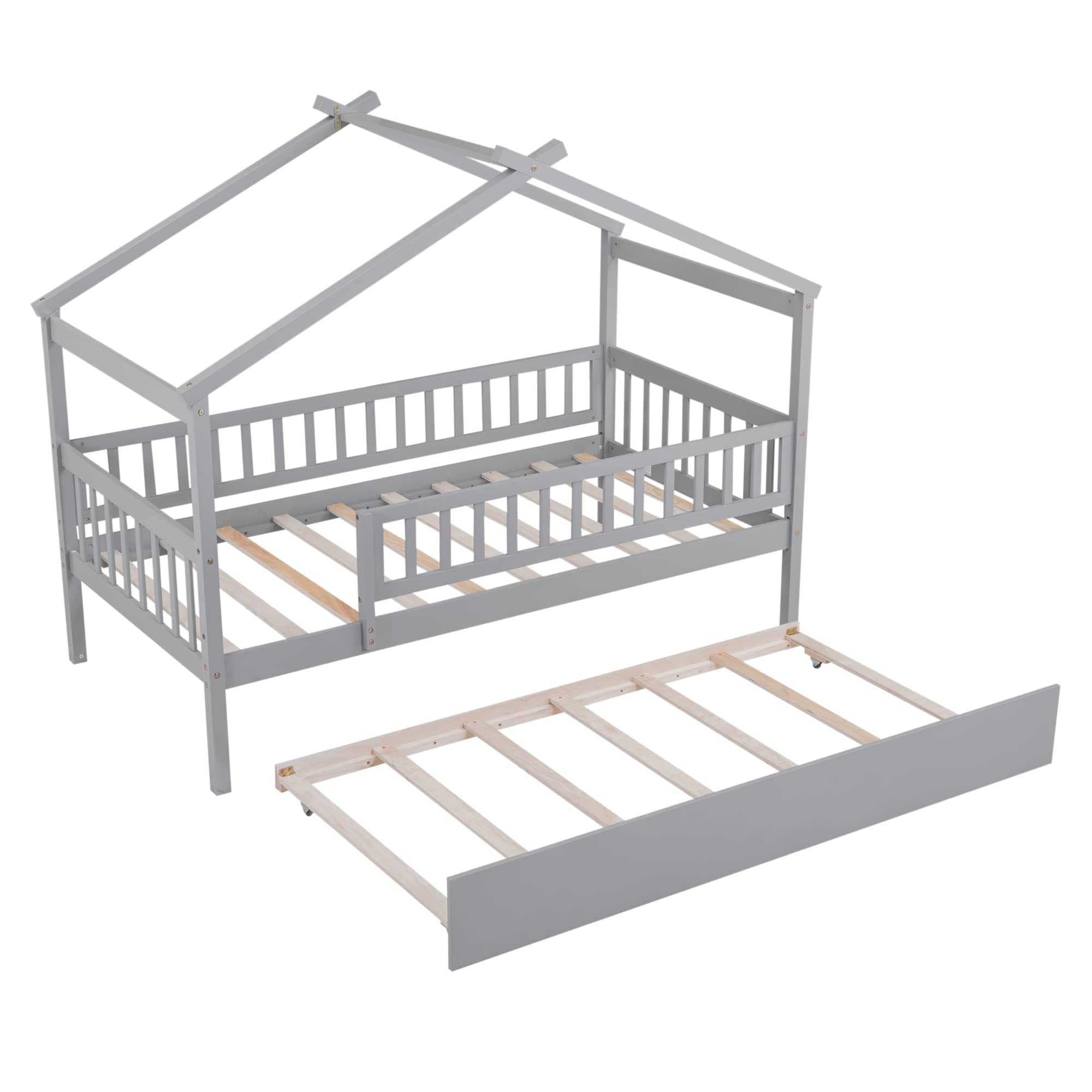 Twin House Bed with Trundle - Wooden Playhouse Bed Frame with Safety Rails & Roof Tent for Kids & Teens | Montessori Style Twin Size Platform Bed for Boys & Girls | No Box Spring Needed | Perfect for Bedroom, Playroom & Sleepovers (Gray)