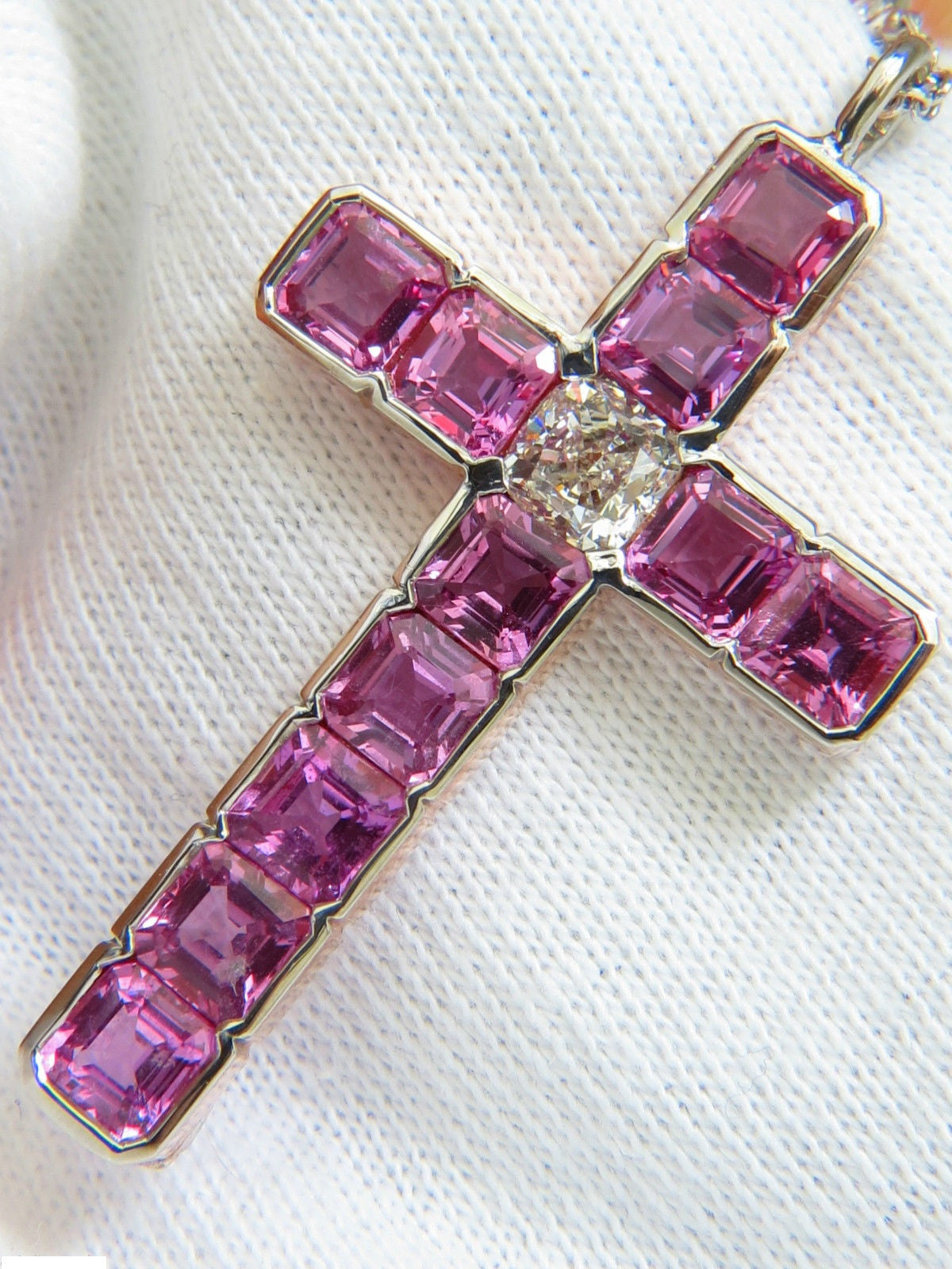 18KT Gold GIA Certified 10.41CT Natural Pink Sapphire Diamond Cross Pendant Necklace - Elegant Jewelry for Weddings, Anniversaries & Special Occasions