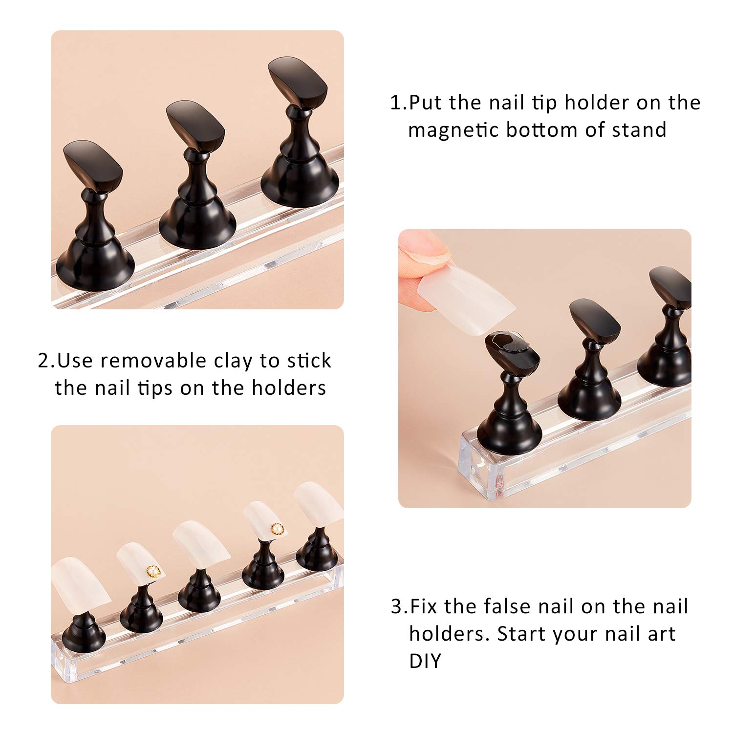 4 Sets Black Acrylic Nail Display Stand - Magnetic Nail Tip Holder for Manicure Practice, DIY Nail Art & False Nail Application - Perfect for Salon, Home Use & Nail Art Training