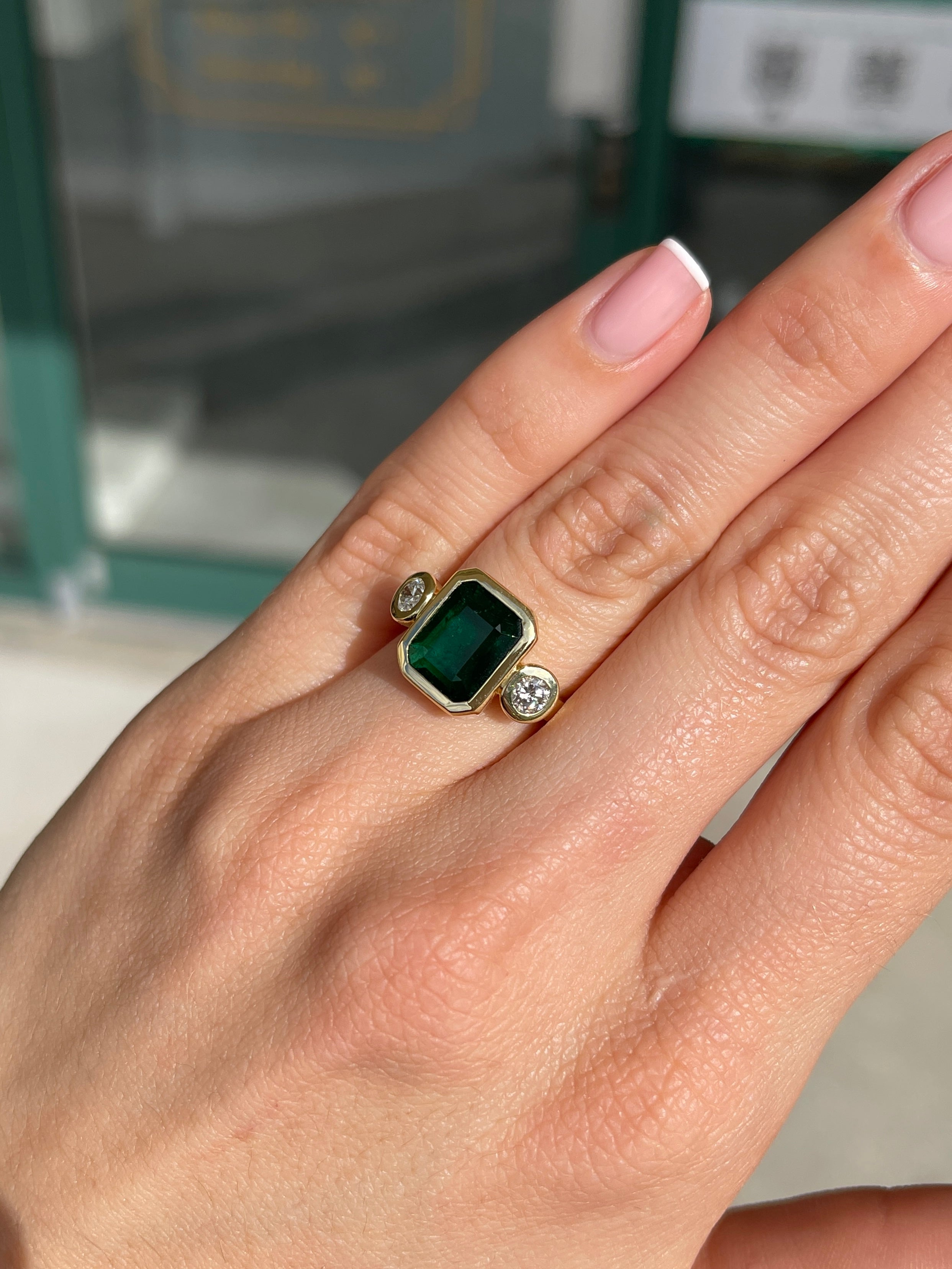 4.58tcw Natural Dark Emerald & Round Diamond Three Stone Ring in 18K Gold - Elegant Engagement, Anniversary or Gift Jewelry for Women