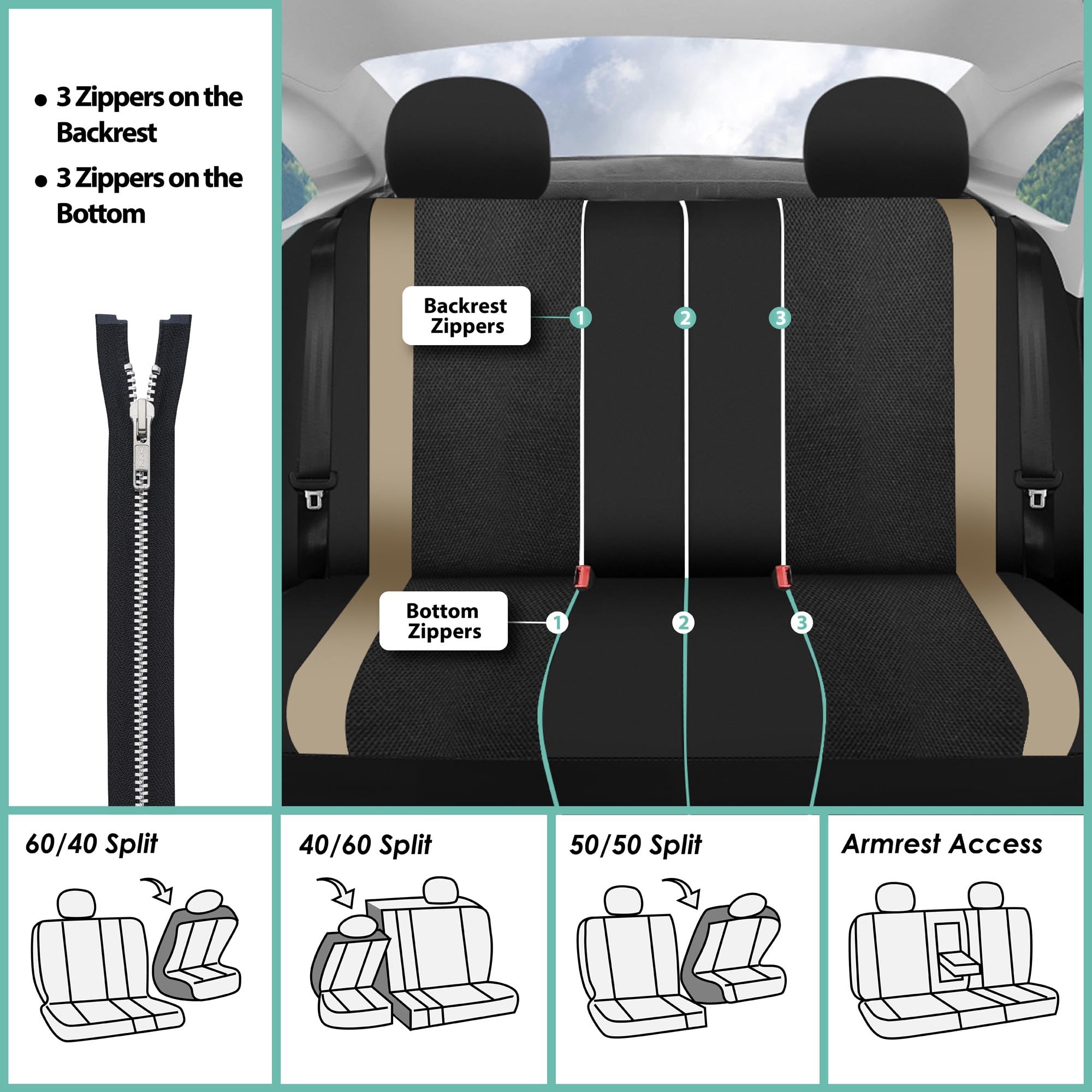TLH Universal Car Seat Covers Full Set - Beige Sports Style Airbag Compatible Split Rear Seat Protector for Cars, Trucks & SUVs | Durable Interior Accessories for Daily Commute, Road Trips & Family Protection