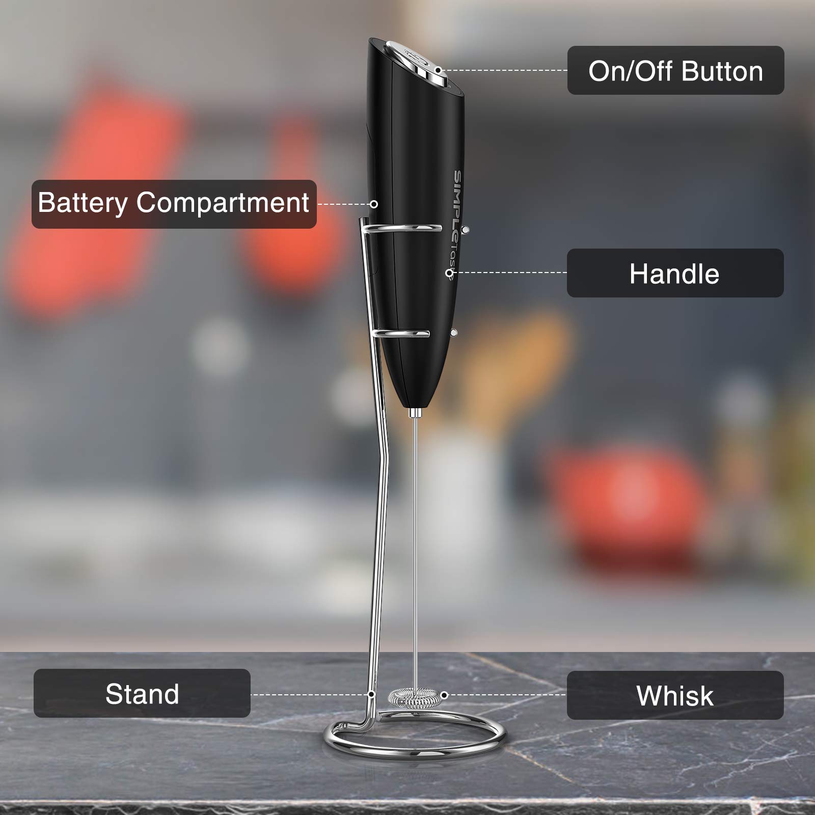 SIMPLETASTE Handheld Electric Milk Frother with Stainless Steel Whisk - Battery Powered Drink Mixer for Cappuccino, Latte, Coffee & Hot Chocolate - Perfect for Home, Office & Coffee Shops