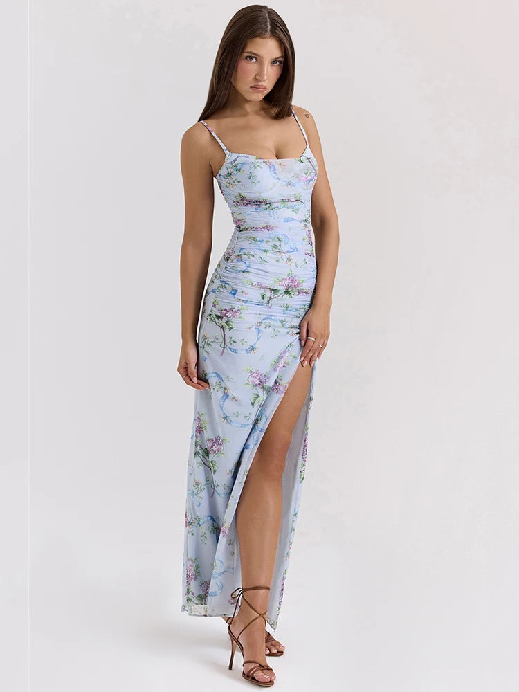 Blue Floral Print Mesh Maxi Dress for Women - Sleeveless Spaghetti Strap Backless Long Gown with Side Slit & Zipper | Perfect for Club Parties, Beach Vacations & Summer Evening Events