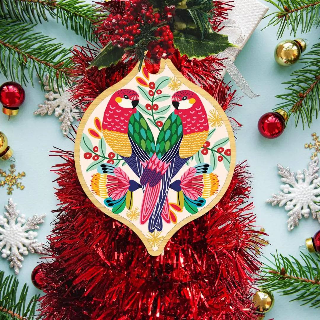 Rosella Birds Christmas Card & Wooden Ornament - Festive Holiday Greeting Card with Handcrafted Wooden Bauble for Tree Decorations and Gift Giving