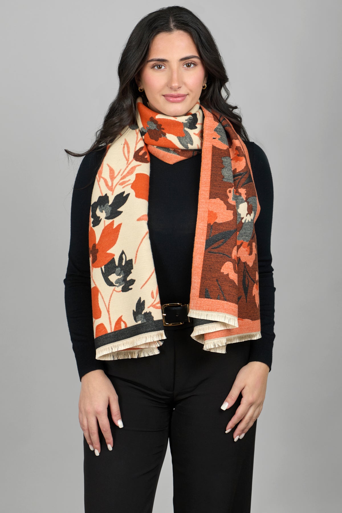 Floral Reversible Fringed Trim Scarf for Women - Lightweight Fashion Shawl Wrap for Fall & Winter - Perfect for Office, Travel and Outdoor Activities