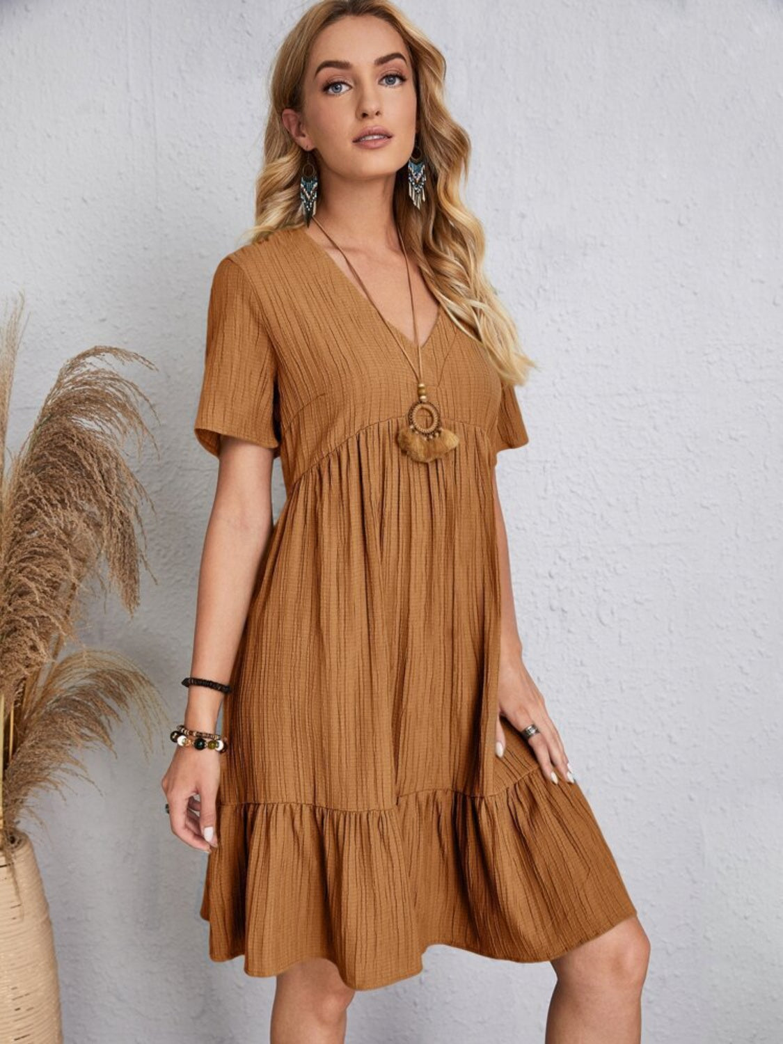 Women's Full Size V-Neck Short Sleeve Beach Dress - Flowy Summer Sundress for Vacation, Pool Party & Casual Outings