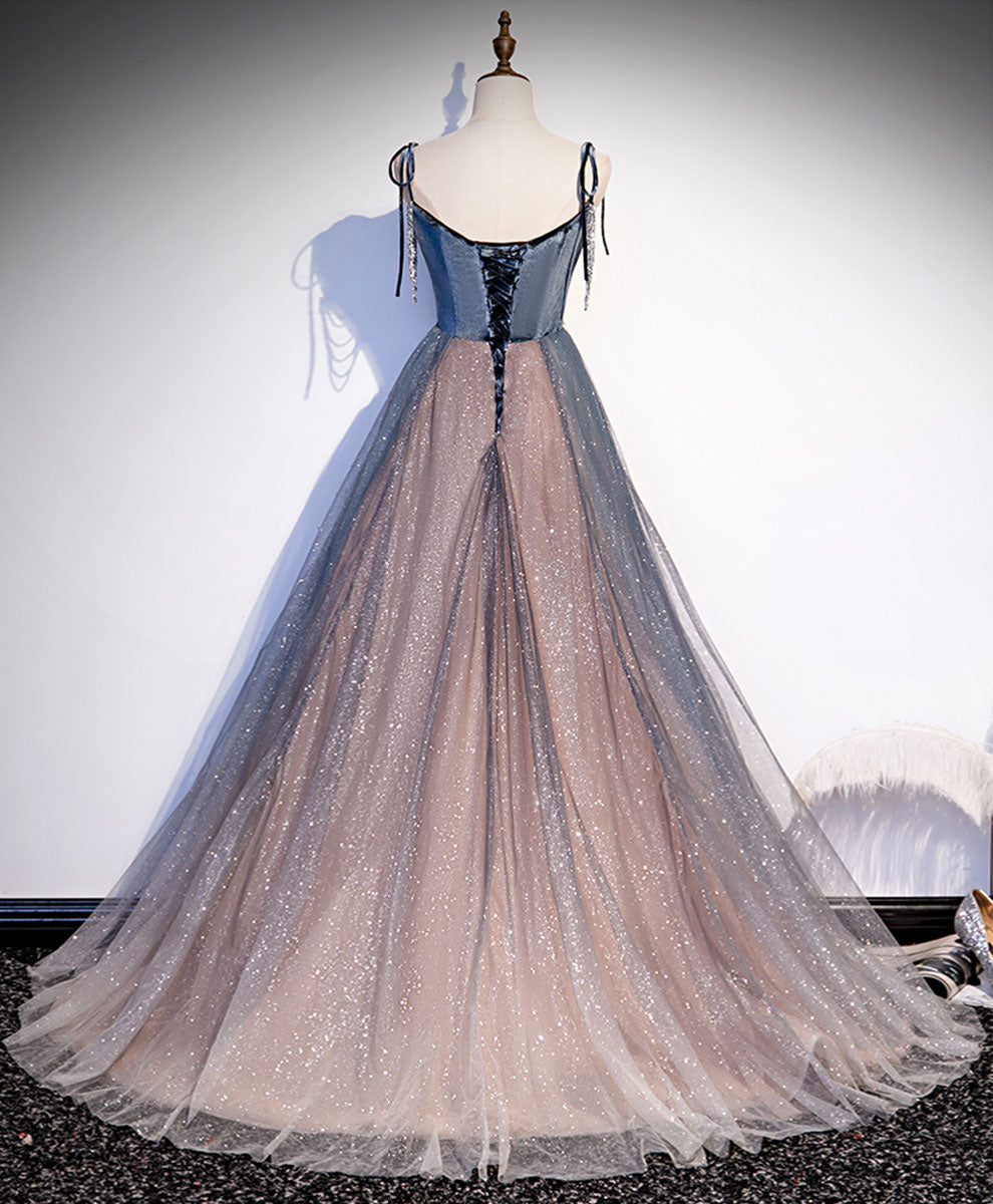 Elegant Blue Tulle Sequin Long Prom Dress for Women - Formal Evening Gown for Homecoming, Quinceañera & Special Occasions
