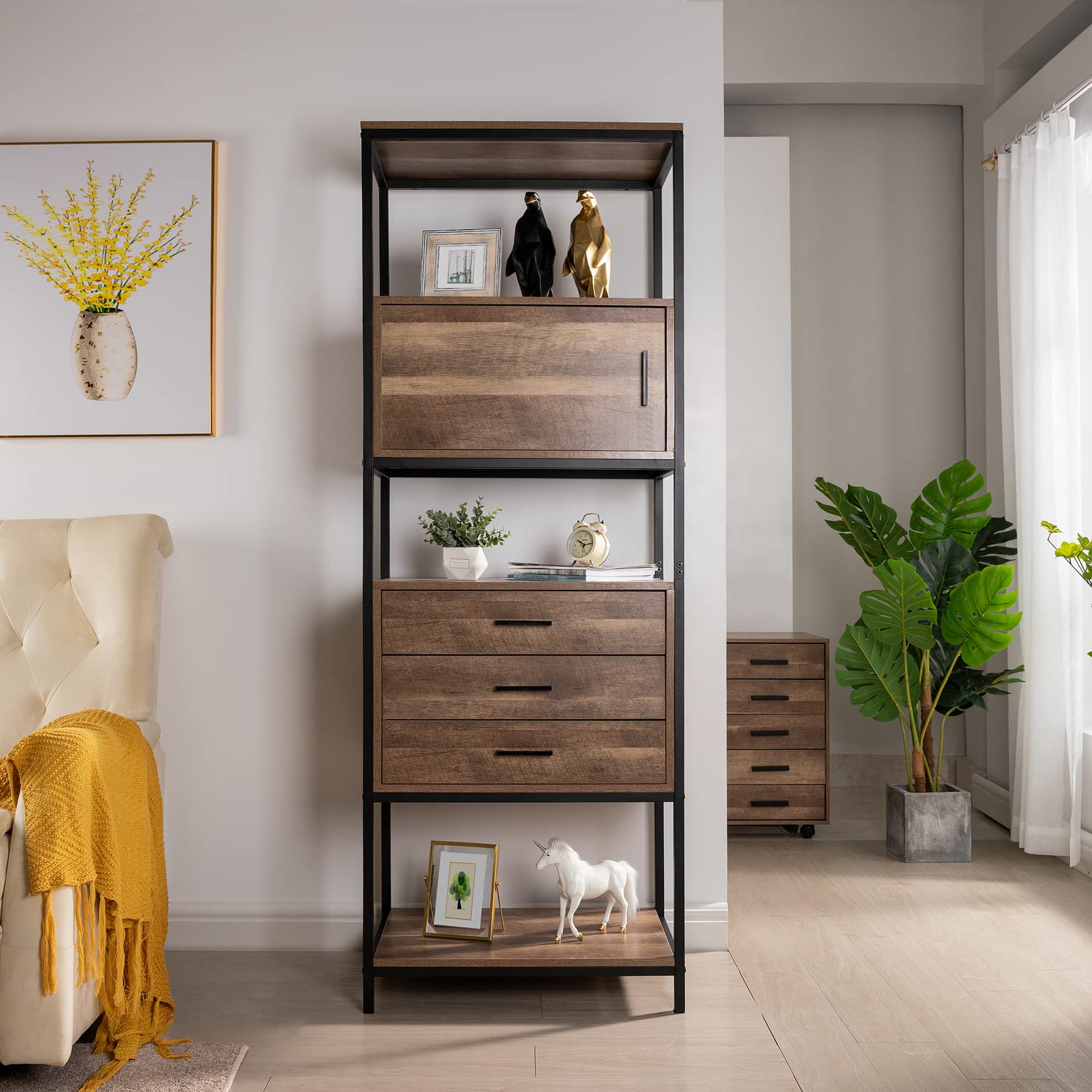 Naomi Home Parker Bookcase with Storage Shelves & Pullout Drawers - Modern Bookshelf Organizer with Metal Frame for Bedroom, Living Room, Office - Walnut Finish