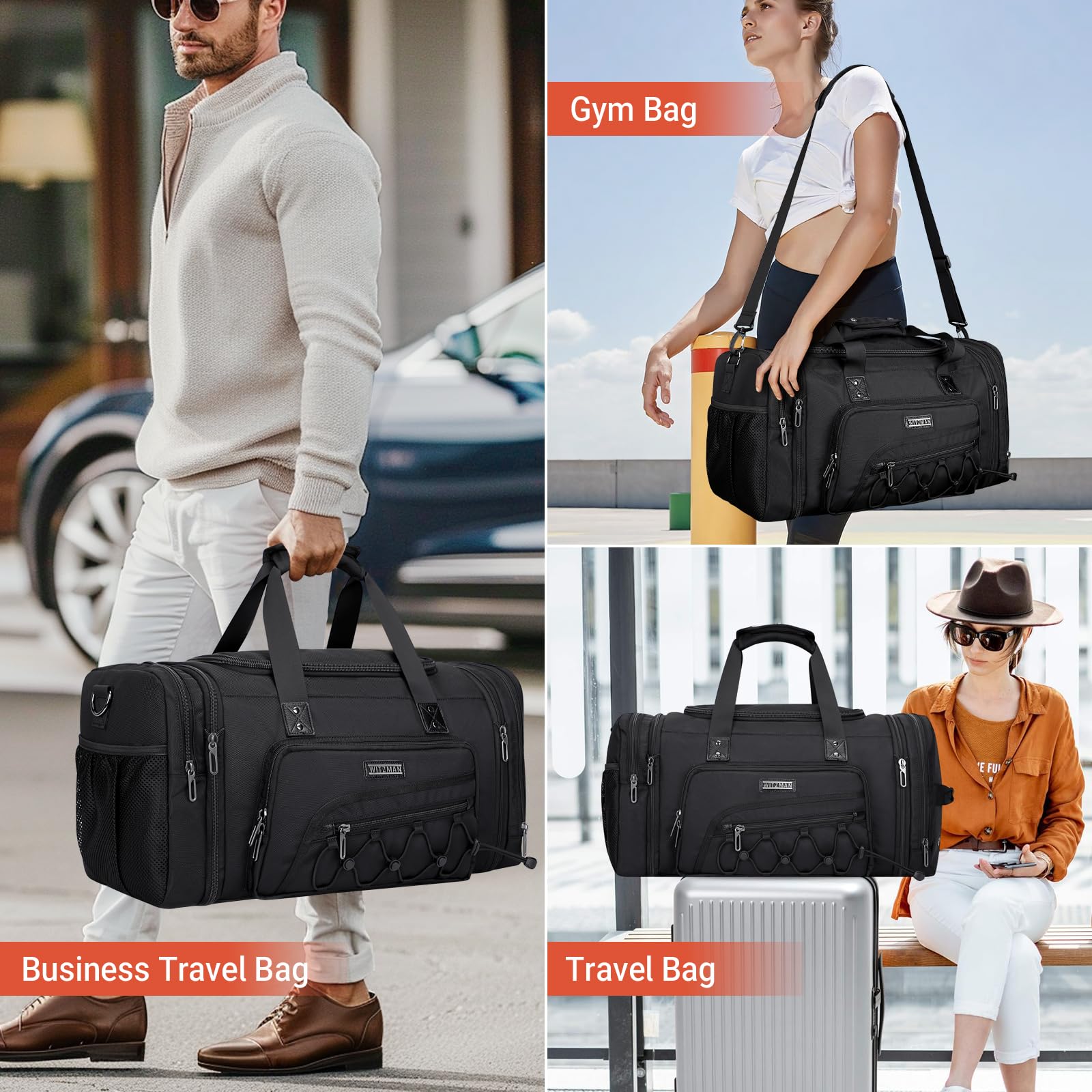 WITZMAN Men's Large Nylon Duffle Bag - Expandable Gym Weekender with Shoe Compartment, Carry On Overnight Bag (B695 Black) - Perfect for Travel, Workout & Weekend Getaways