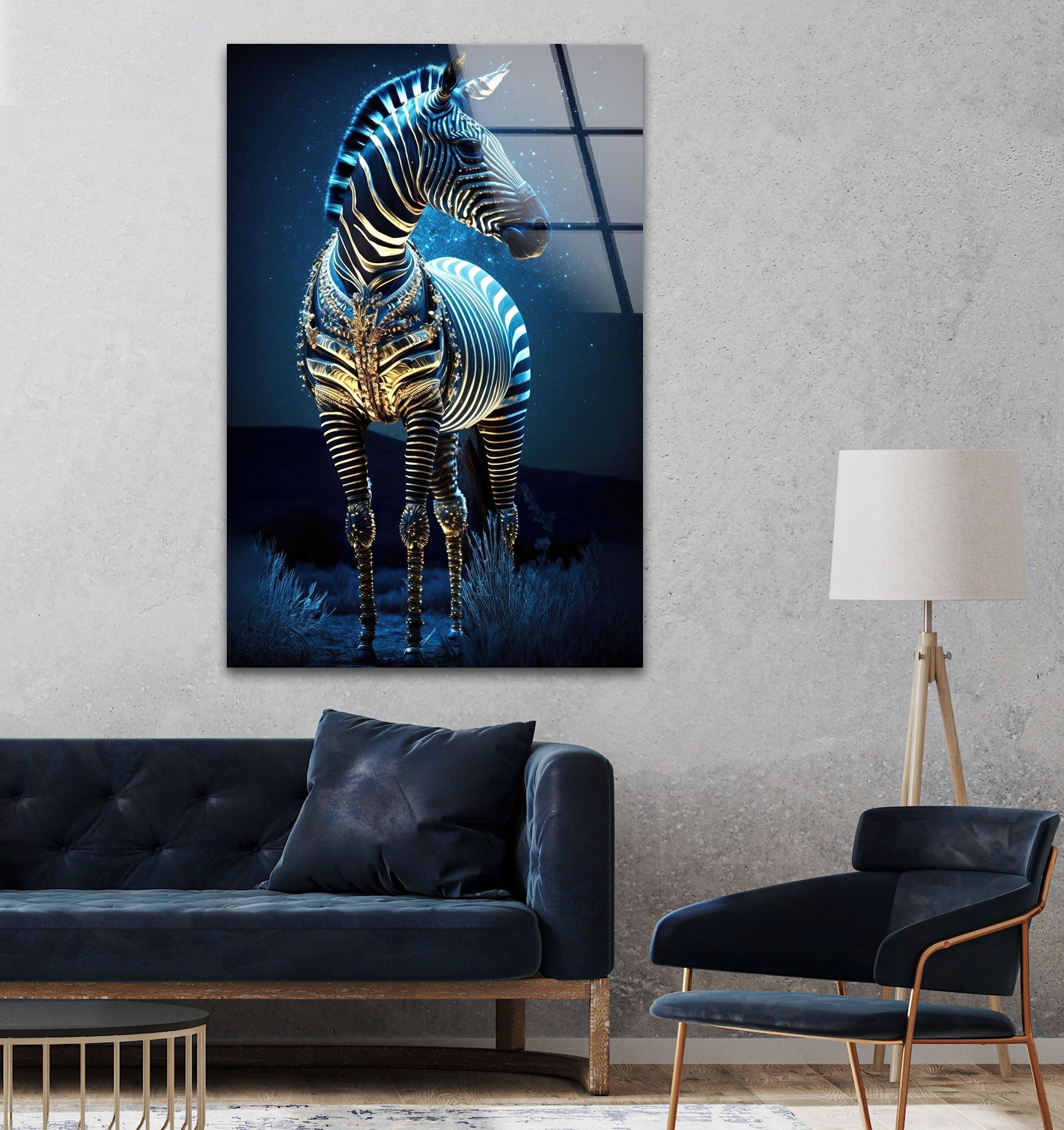 Blue Zebra Glass Wall Art - Modern Home Decor for Living Room, Bedroom & Office - Handmade Glass Painting for Unique Interior Design