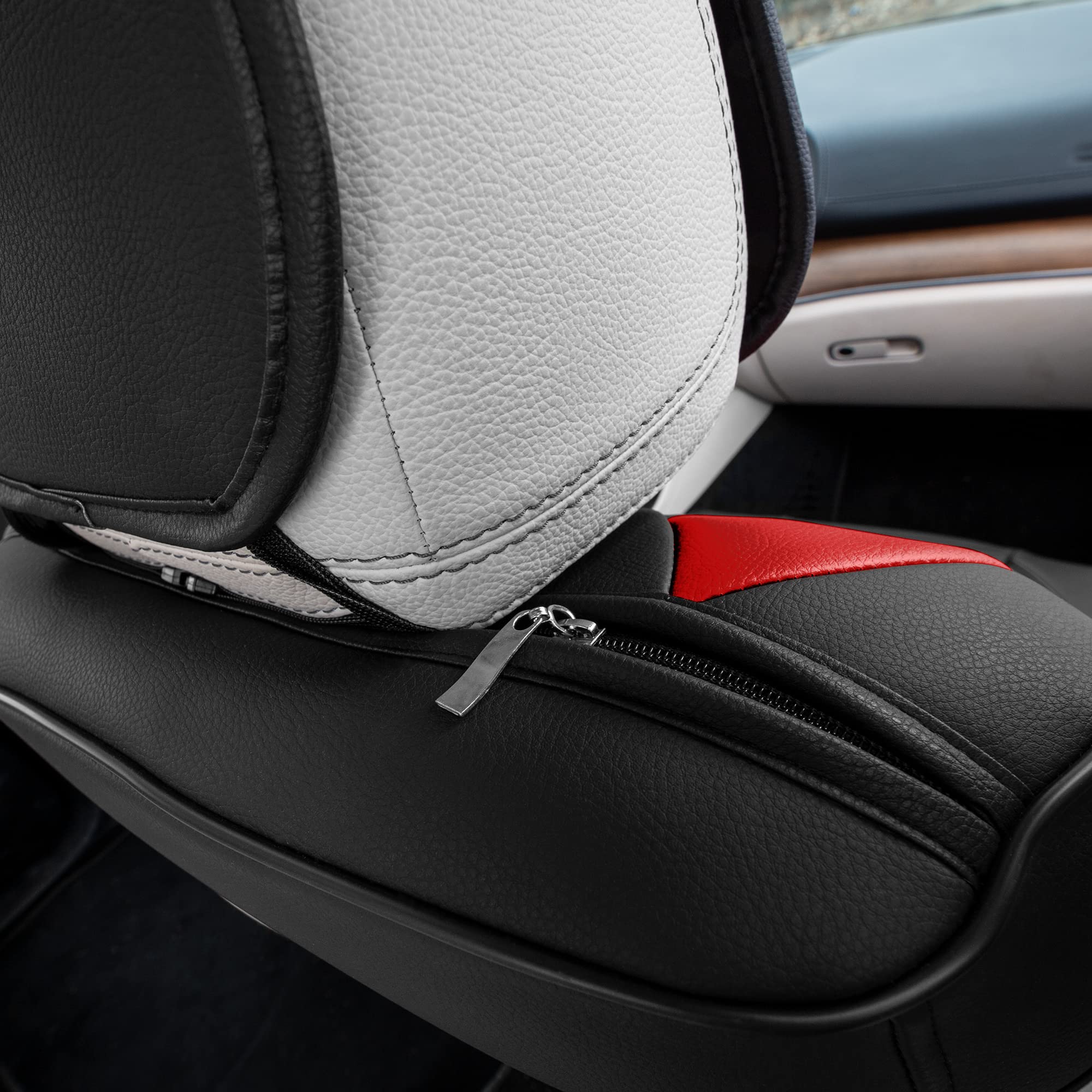 Premium TLH Bionic70 Deluxe Faux Leather Red Car Seat Covers - 2-Pack Universal Fit Front Seat Protectors for Cars, Trucks & SUVs | Waterproof, Anti-Slip Cushion with Contrast Stitching | Perfect for Road Trips, Commuting & Pet Protection