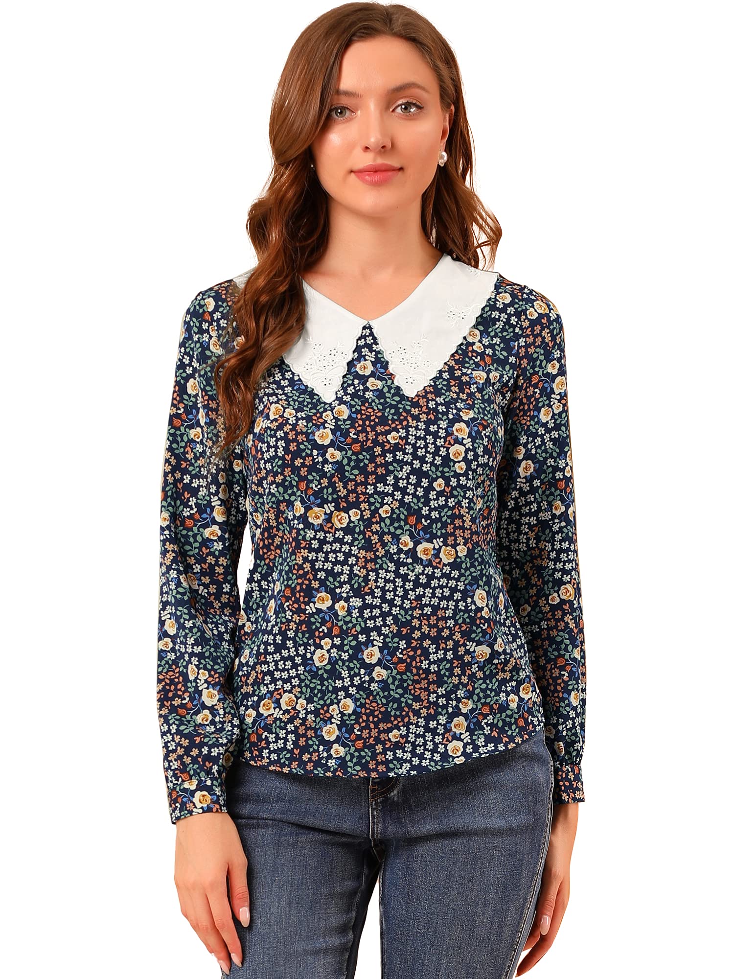Allegra K Women's Floral Blouse with Peter Pan Collar & Keyhole Back - Elegant Casual Top for Work, Date Night & Spring Outfits