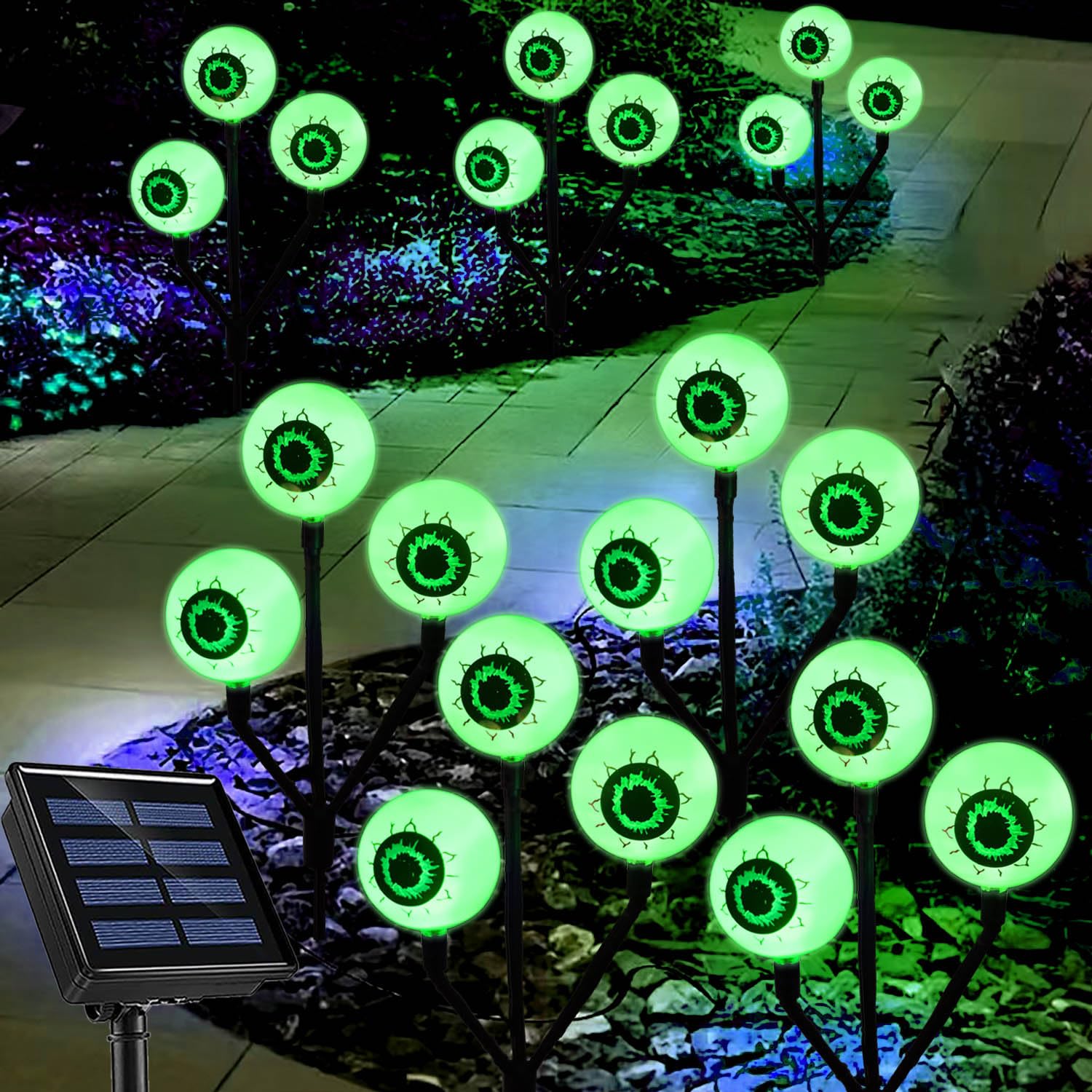 12 LED Solar Halloween Eyeball Lights - 4 Pack Big Green Outdoor Pathway Lights for Halloween Party, Yard, Tombstone Decorations | Spooky Atmosphere for Trick or Treat, Haunted House, and Halloween Night