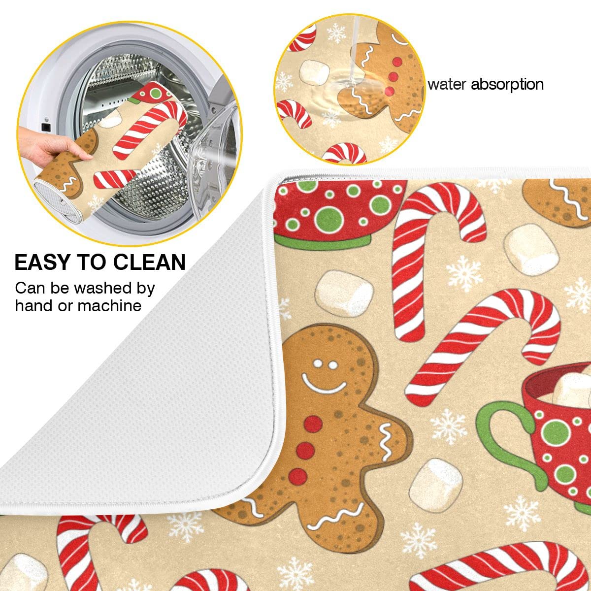 Christmas Gingerbread Man Candy Cane Dish Drying Mat - Absorbent Reversible Microfiber Kitchen Mat for Winter & Xmas Decor (16x18 Inch) - Perfect for Holiday Dish Drying, Counter Protection & Festive Kitchen Decor
