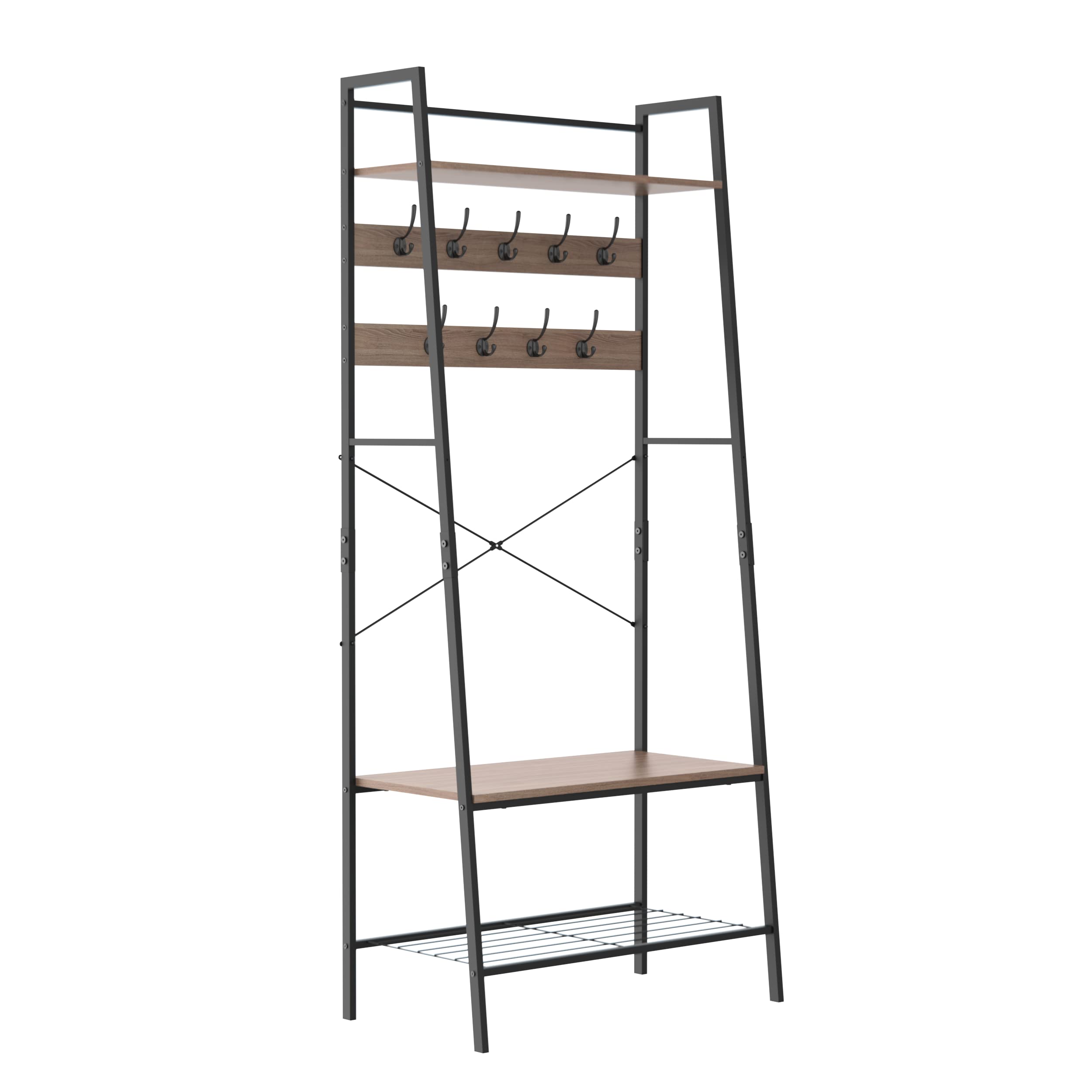 ClosetMaid Hall Tree with Shoe Bench - 9 Hooks & Storage Shelf Ladder Design - Weathered Gray/Black Metal - Perfect for Entryway, Mudroom & Home Organization