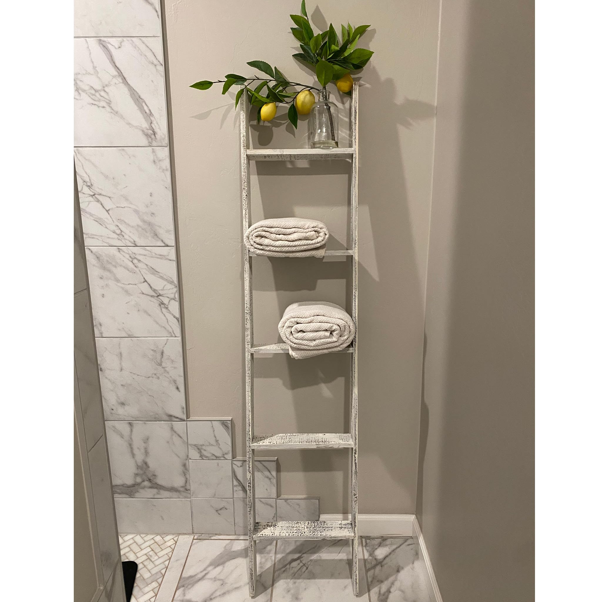 Barnwood USA 5-Foot White Wooden Blanket Ladder – Rustic Farmhouse Style Decorative Blanket Holder for Living Room – Towel & Quilt Organizer Rack – Perfect for Cozy Home Decor, Bedroom Storage & Fireplace Display
