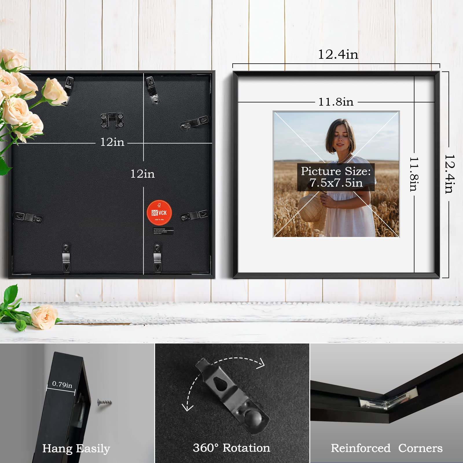 VCK 12x12 Aluminum Picture Frames Black Set of 3 - Includes Mat for 8x8 Photos & Frameless Option for 12x12 - Multi Square Wall Frames with Real Glass - Perfect for Home Decor, Office Display & Photo Gallery