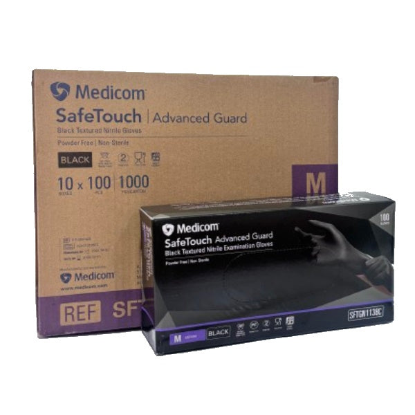 Medicom SafeTouch Nitrile Disposable Gloves - Black, Powder Free, Latex Free, 100 Pcs/Box - Ideal for Medical, Food Handling, Cleaning & Tattoo Use