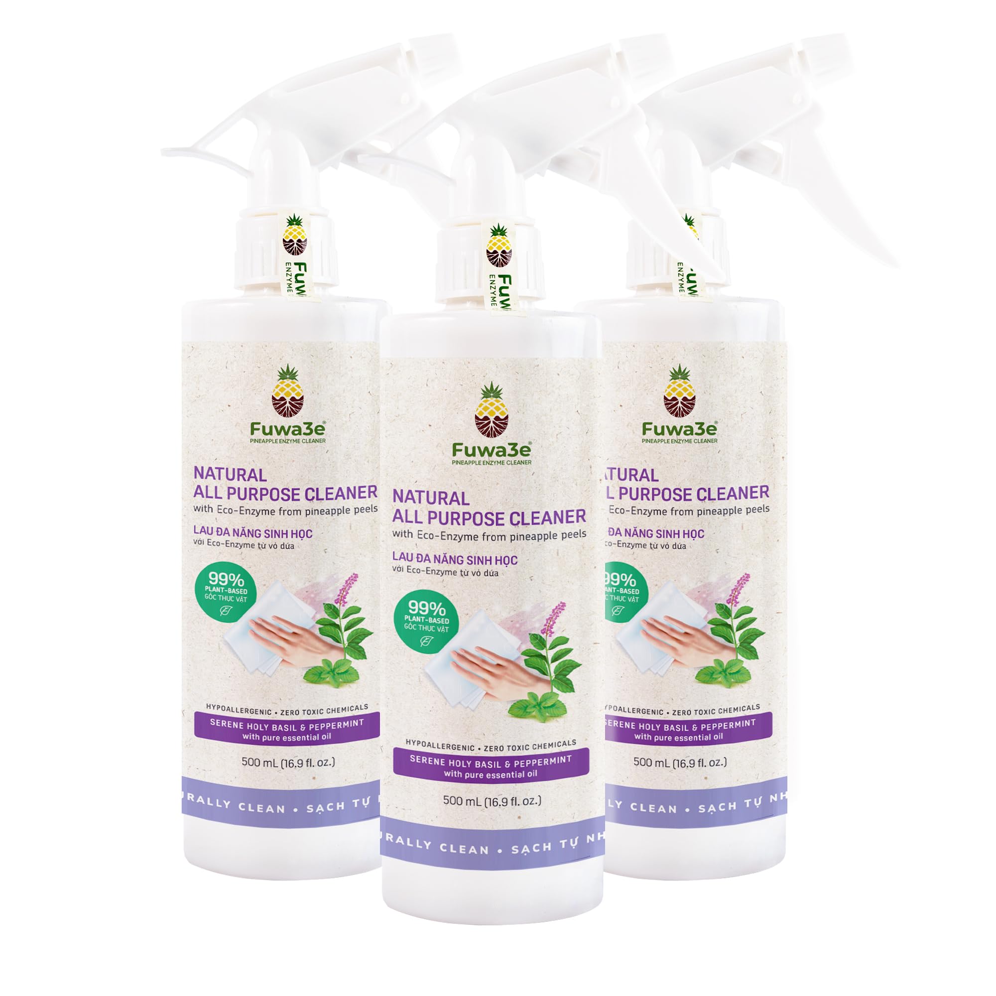 Fuwa3e Pineapple Enzyme All-Purpose Cleaner Spray - 16.9oz 3 Pack | Natural, Non-Toxic, 99% Plant-Based | Serene Holy Basil & Peppermint Scent | Made from Recycled Pineapple Peels | Perfect for Kitchen, Bathroom & Multi-Surface Cleaning
