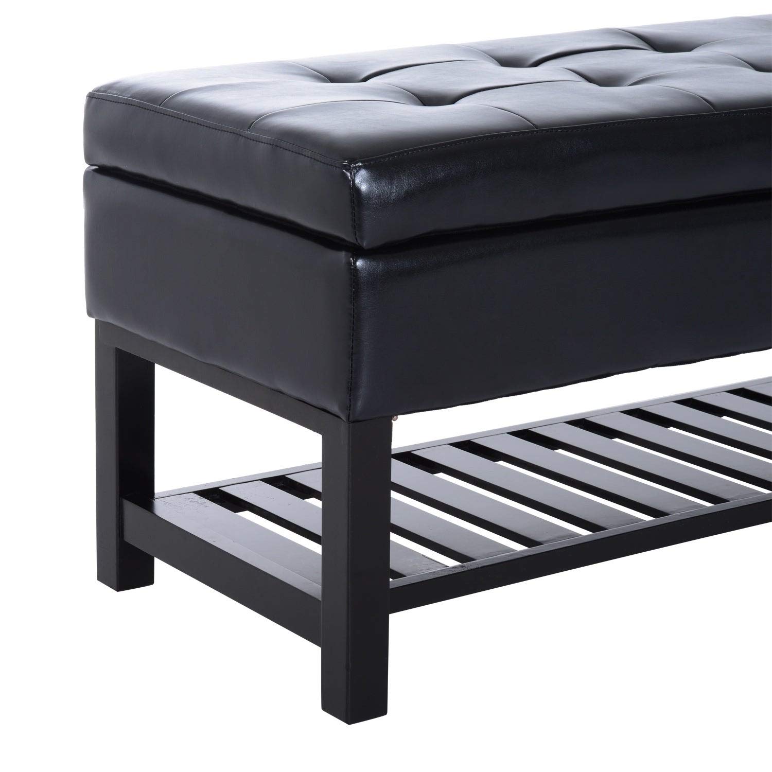 44-inch Black PU Leather Tufted Shoe Storage Bench Ottoman - Modern Contemporary Faux Leather Entryway Seating with Storage - Perfect for Hallway, Bedroom, or Closet Organization