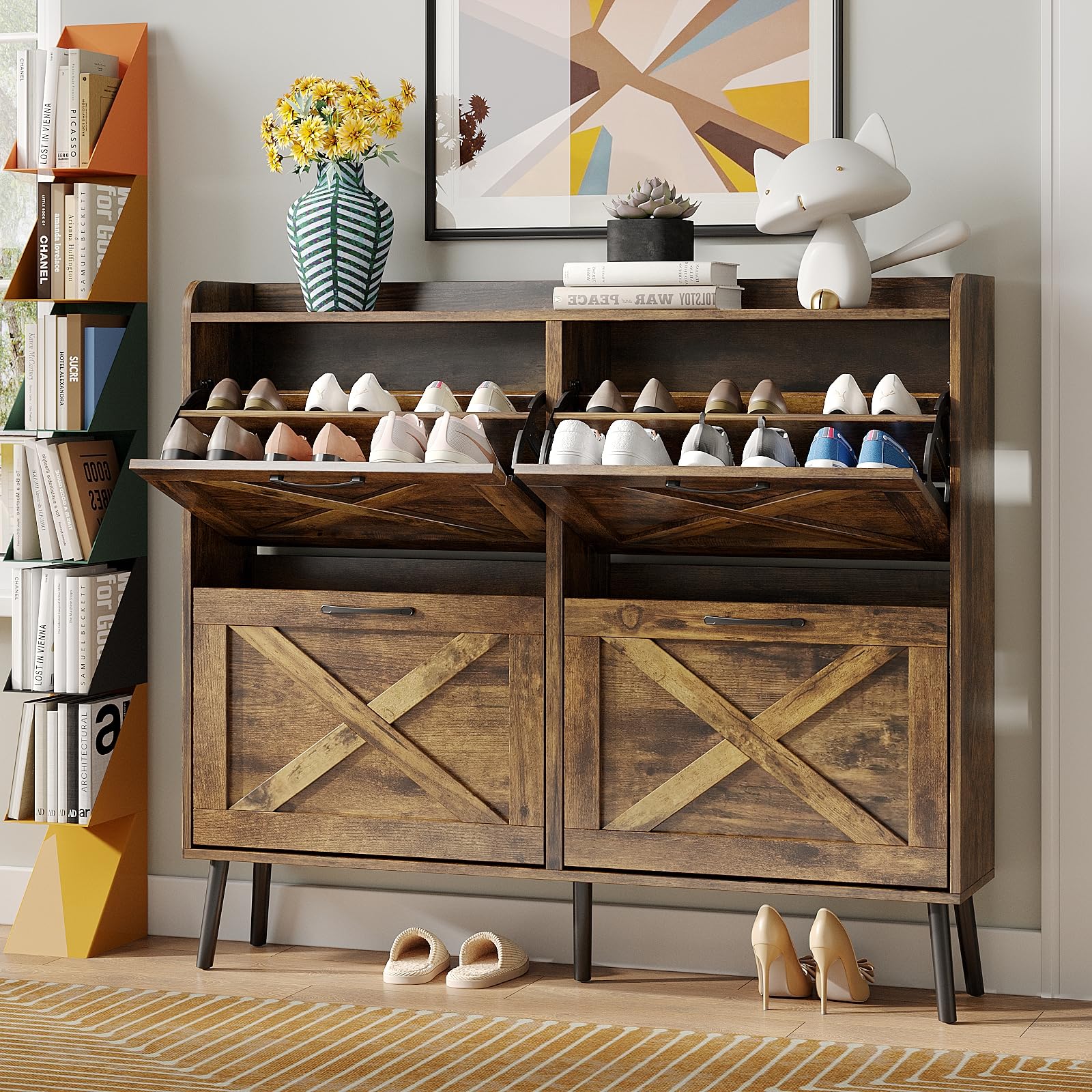 Maupvit 4-Tier Shoe Storage Cabinet with Flip Drawers - Freestanding Entryway Shoe Organizer with Metal Brackets, Narrow Shoe Rack for Small Spaces, Rustic Brown Finish (Perfect for Apartments, Hallways & Closets)