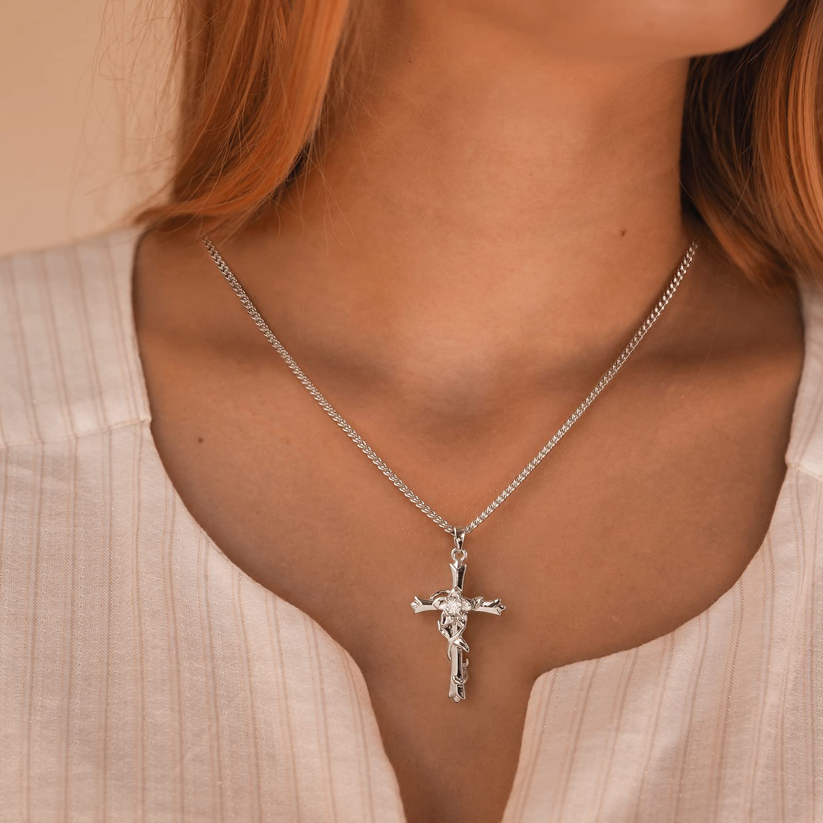 ACECHA Silver Faith Cross Necklace for Women - Birthstone & Flower Pendant Jewelry Gift for Wife, Teen Girls | Perfect for Birthday, Anniversary & Religious Occasions