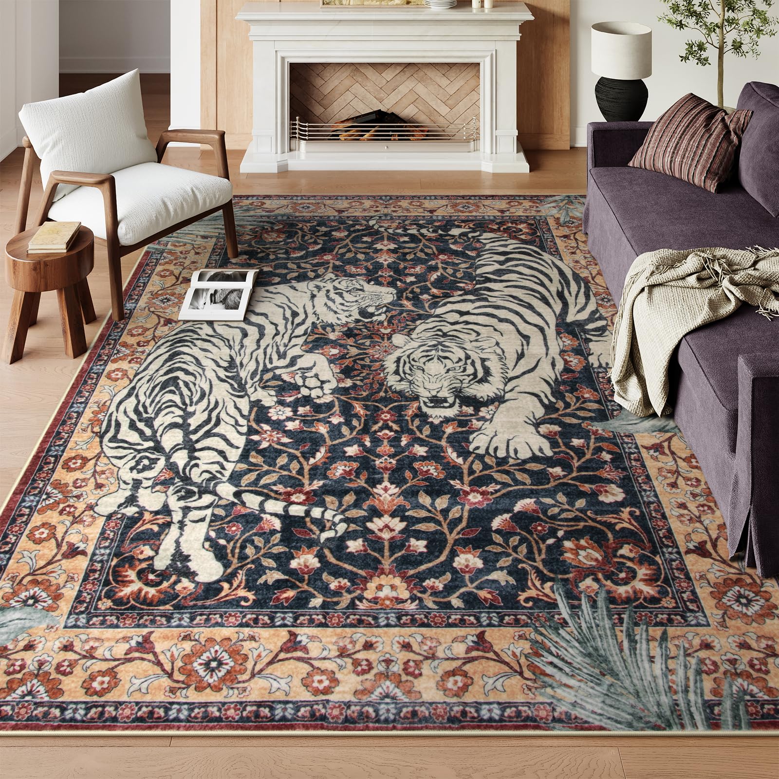 Washable Boho Area Rug 8x10 - Non-Slip Vintage Rug for Living Room, Dining Room, Office & Bedroom - Ultra Thin Soft Floor Carpet in Puce Red - Perfect for Under Table, Sofa or Workspace