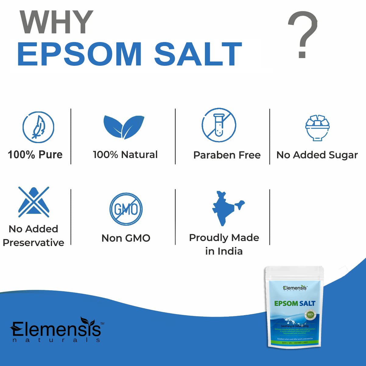 Elemensis Naturals Pure Epsom Salt Granules (Magnesium Sulfate) - 1kg (2 x 500g) for Relaxing Baths, Foot Soaks, Muscle Pain Relief & Spa Therapy | Perfect for Post-Workout Recovery, Stress Relief & Detox Baths