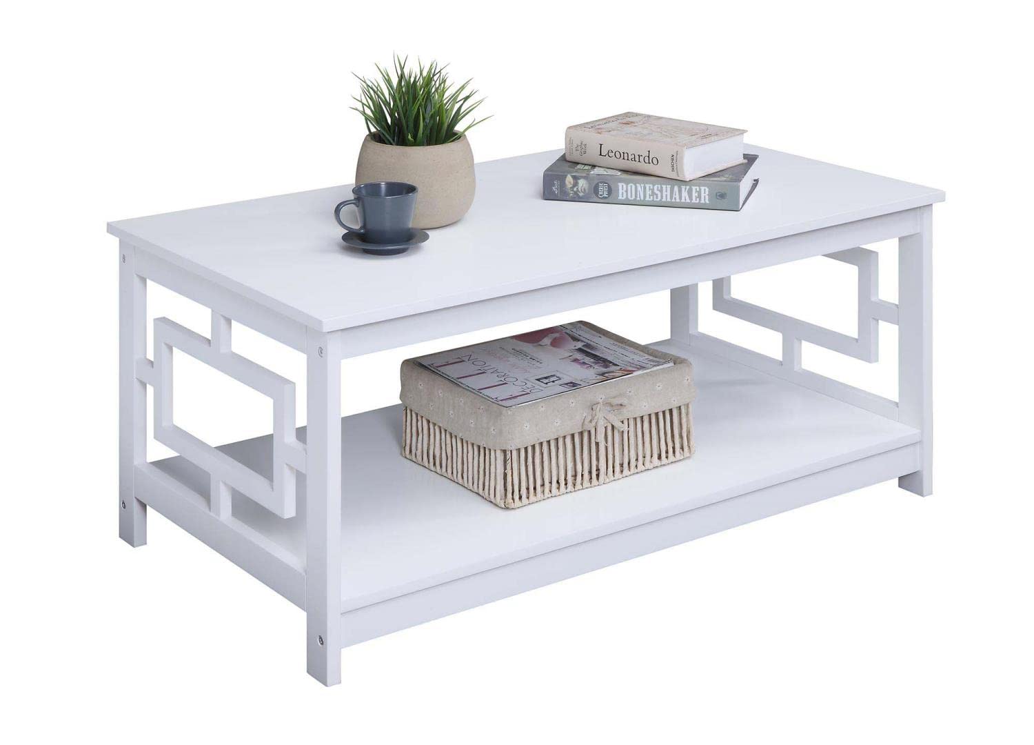 Modern White Town Square Coffee Table with Shelf - Stylish Living Room Center Table for Home Decor & Storage
