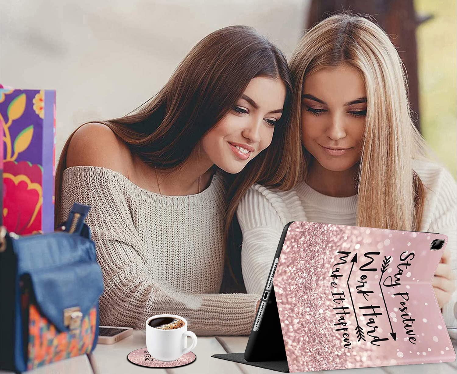 Premium Shockproof Case for iPad 10.2 (8th Gen 2020/7th Gen 2019) & iPad Air/Pro 10.5 (2019) with Inspirational Coasters Set - Rose Gold Rainbow Glitter Design | Perfect for Office, Study & Travel Protection