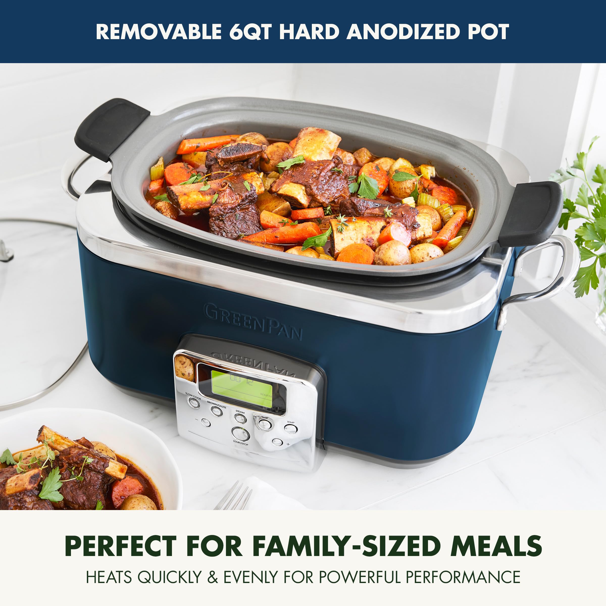GreenPan Elite 8-in-1 Programmable 6QT Electric Slow Cooker with Dishwasher Safe Lid & Removable Crock - PFAS-Free Healthy Ceramic Nonstick Multi-Cooker for Searing, Sautéing, Steaming, Roasting - Perfect for Family Dinners & Meal Prep (Oxford Blue)