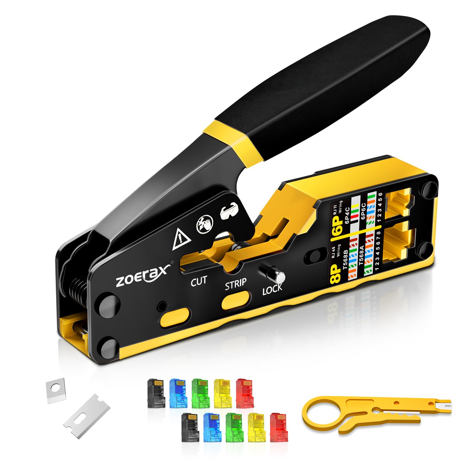 Professional RJ45 Crimping Tool with RJ11/RJ12 Compatibility - Ethernet Network Cable Crimper for Pass Through Connectors (Yellow) - Perfect for Home Network Setup & IT Professionals