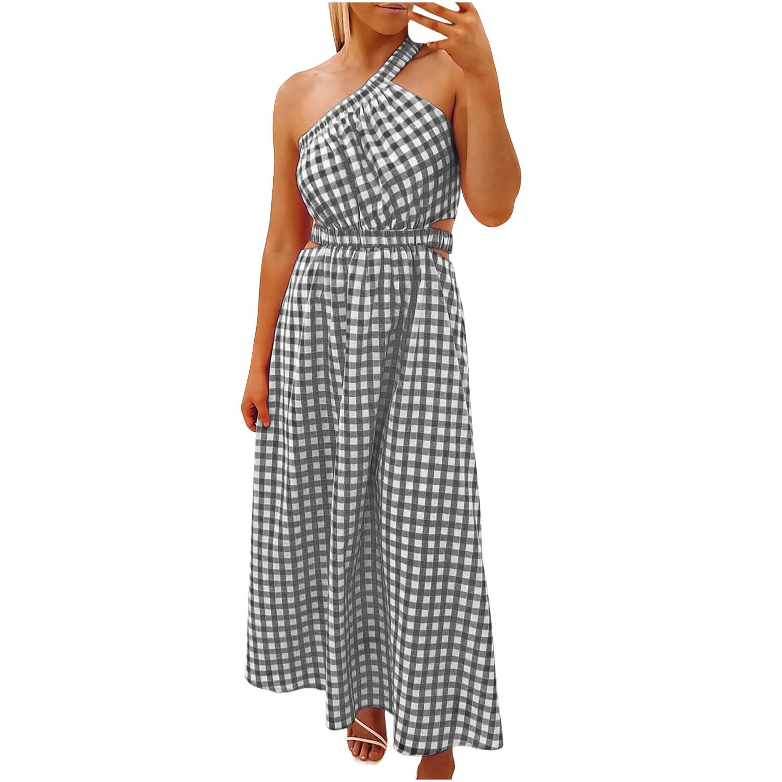 ESCBUKI Women's One Shoulder Floral Maxi Dress - Boho Summer Beach Dress with Ruffle Detail, Lightweight & Breathable for Casual Outings, Vacations, and Poolside Parties