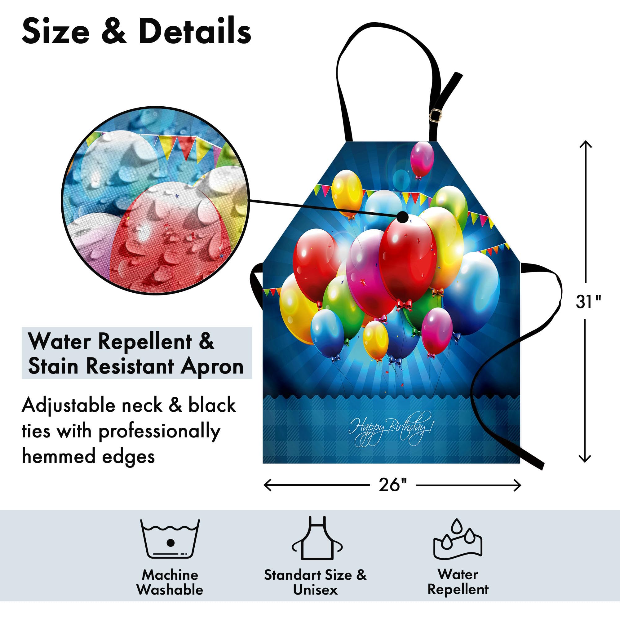 Ambesonne Unisex Birthday Apron - Vibrant Balloons & Party Flags Design on Blue - Adjustable Kitchen Bib for Cooking, Baking, Gardening - Perfect for Birthday Parties, BBQ, Holiday Celebrations & Home Decor