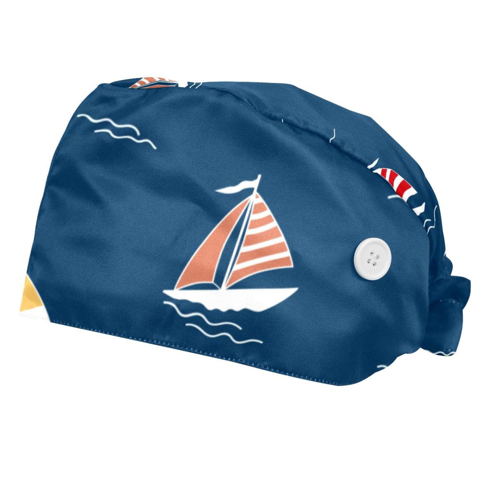 Bouffant Caps with Button - 2 Pack Adjustable Women's Ponytail Work Hats, Elastic Tie Back Hair Covers in Red, Yellow, Blue, Sailboat & Navy - Perfect for Salon, Hospital, Food Service & Laboratory Use