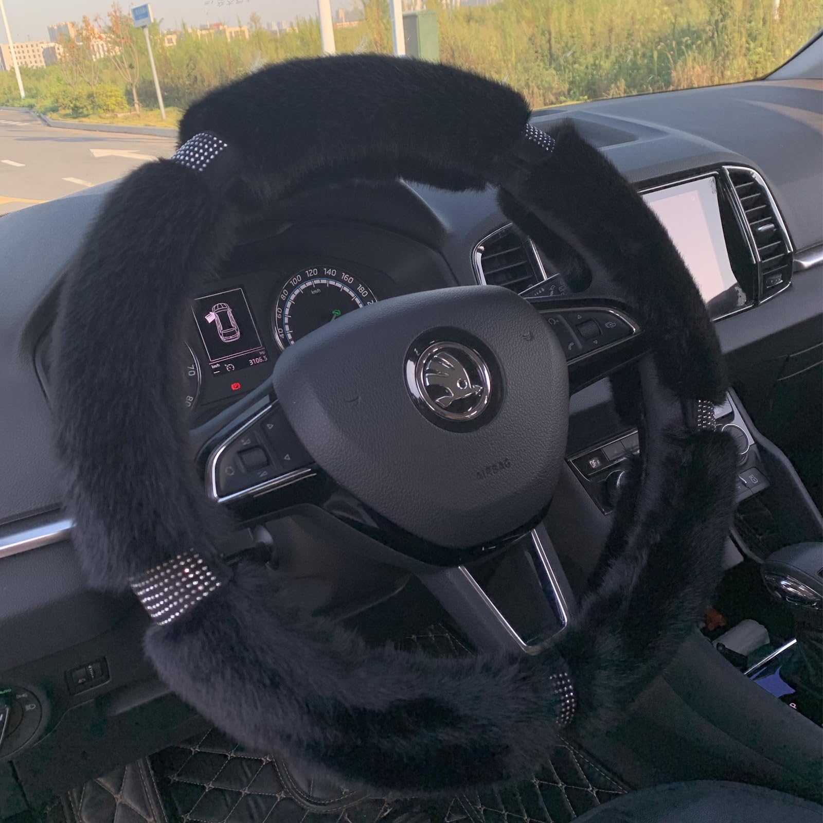 Fluffy Rhinestone Steering Wheel Cover - 15 Inch Universal Winter Warm Car Accessory for Women & Girls (Black) | Soft & Stylish for Cold Weather Driving Comfort