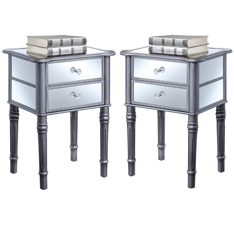 Home Square Mayfair Silver Wood Finish Mirrored End Table - Set of 2, Elegant Living Room Side Tables for Modern Home Decor