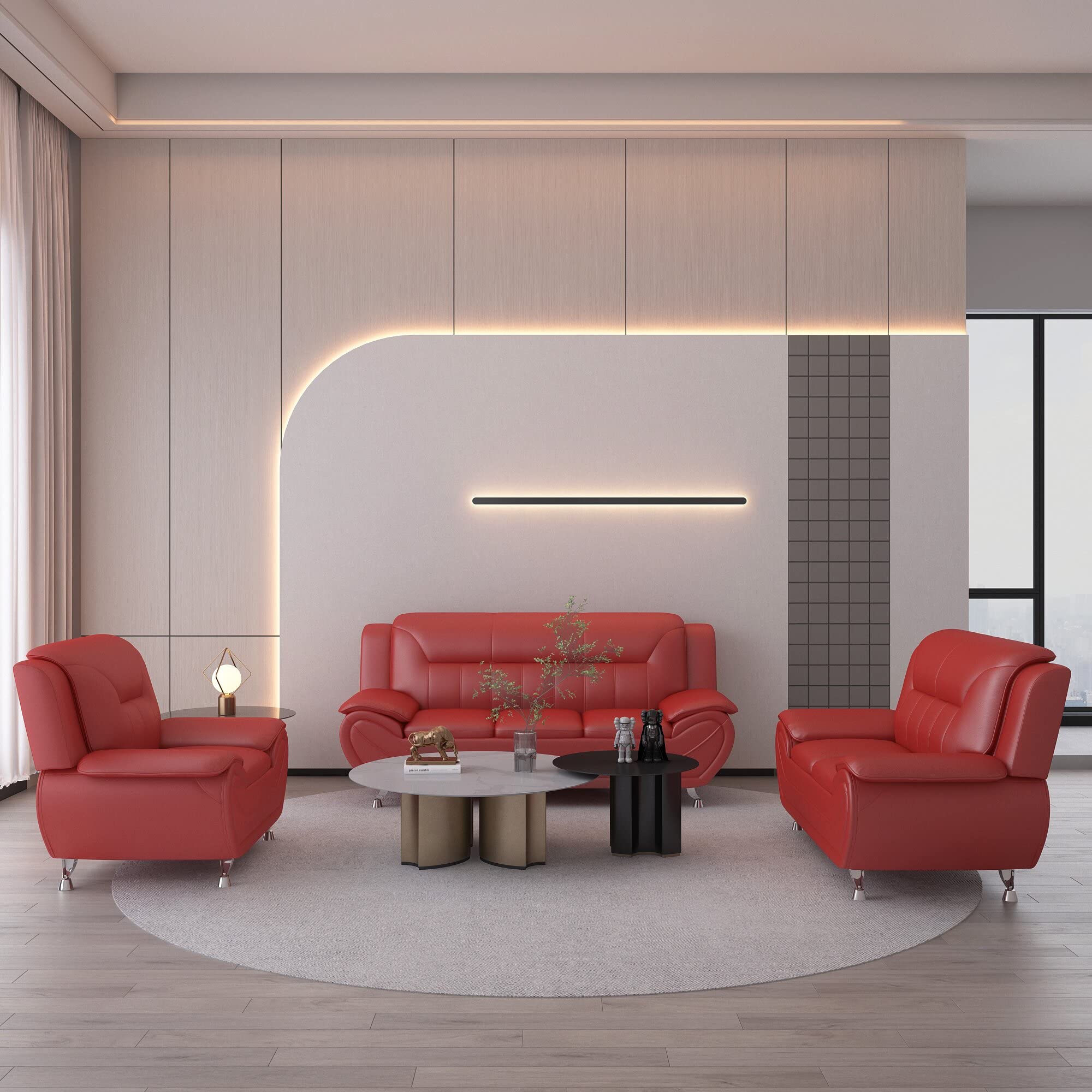 Michael Modern Faux Leather Upholstered Stainless Steel Legs Living Room Chair, Loveseat & Sofa Set in White Dove - Perfect for Contemporary Living Rooms, Offices and Lounge Areas