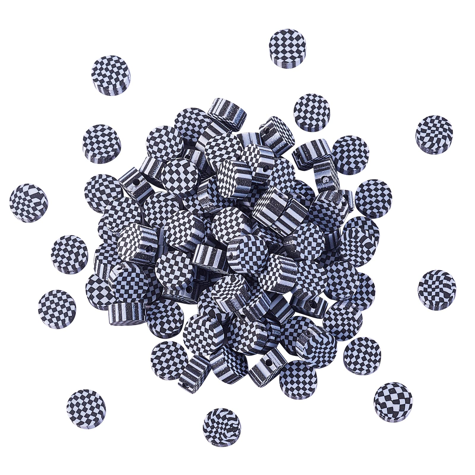 Stiesy 100pcs Black and White Checkered Polymer Clay Beads - 10x4.5mm Flat Round Spacer Beads for DIY Jewelry Making, Bracelets, Necklaces & Craft Projects