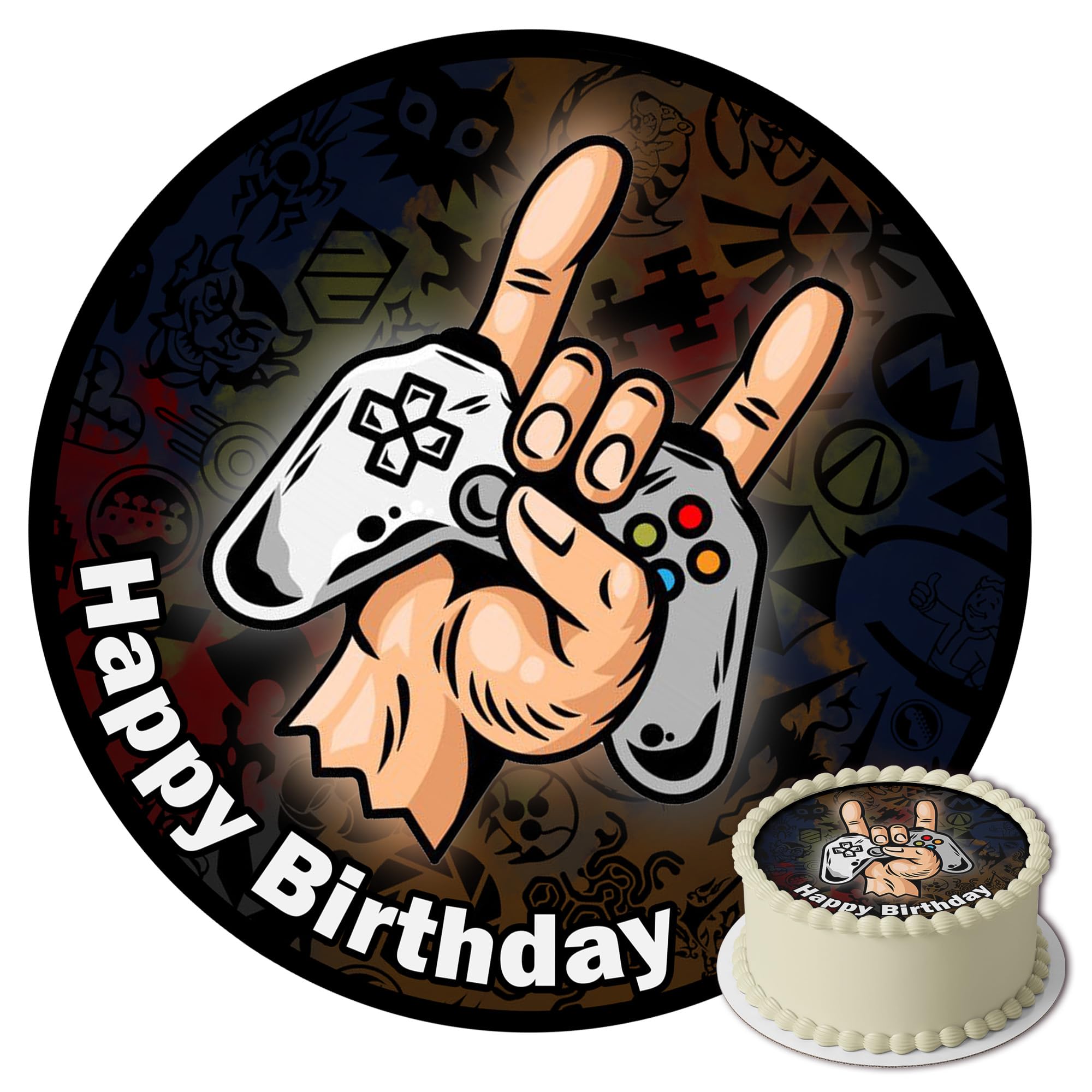 Edible Cake Toppers for Birthday - 20cm Round Gamer Theme Fondant Cake Decorations - Perfect for Gaming Birthday Parties, Gamer Cakes & Fondant Dessert Decorations