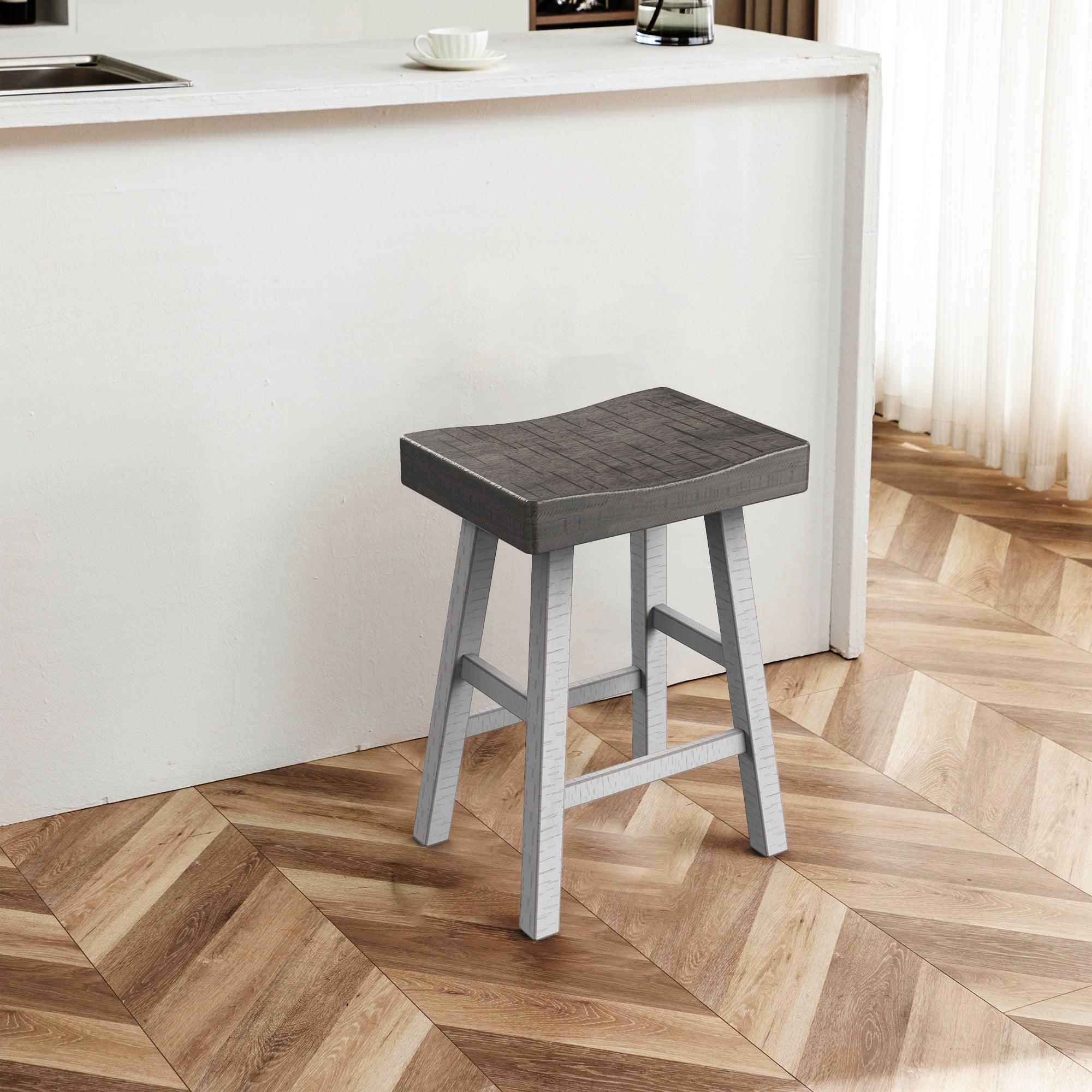 Set of 2 Farmhouse Solid Wood Bar Stools - Backless Saddle Seat Counter Height Chairs for Kitchen Island, Breakfast Nook & Home Office - Perfect for Rustic Decor, Dining & Small Space Living