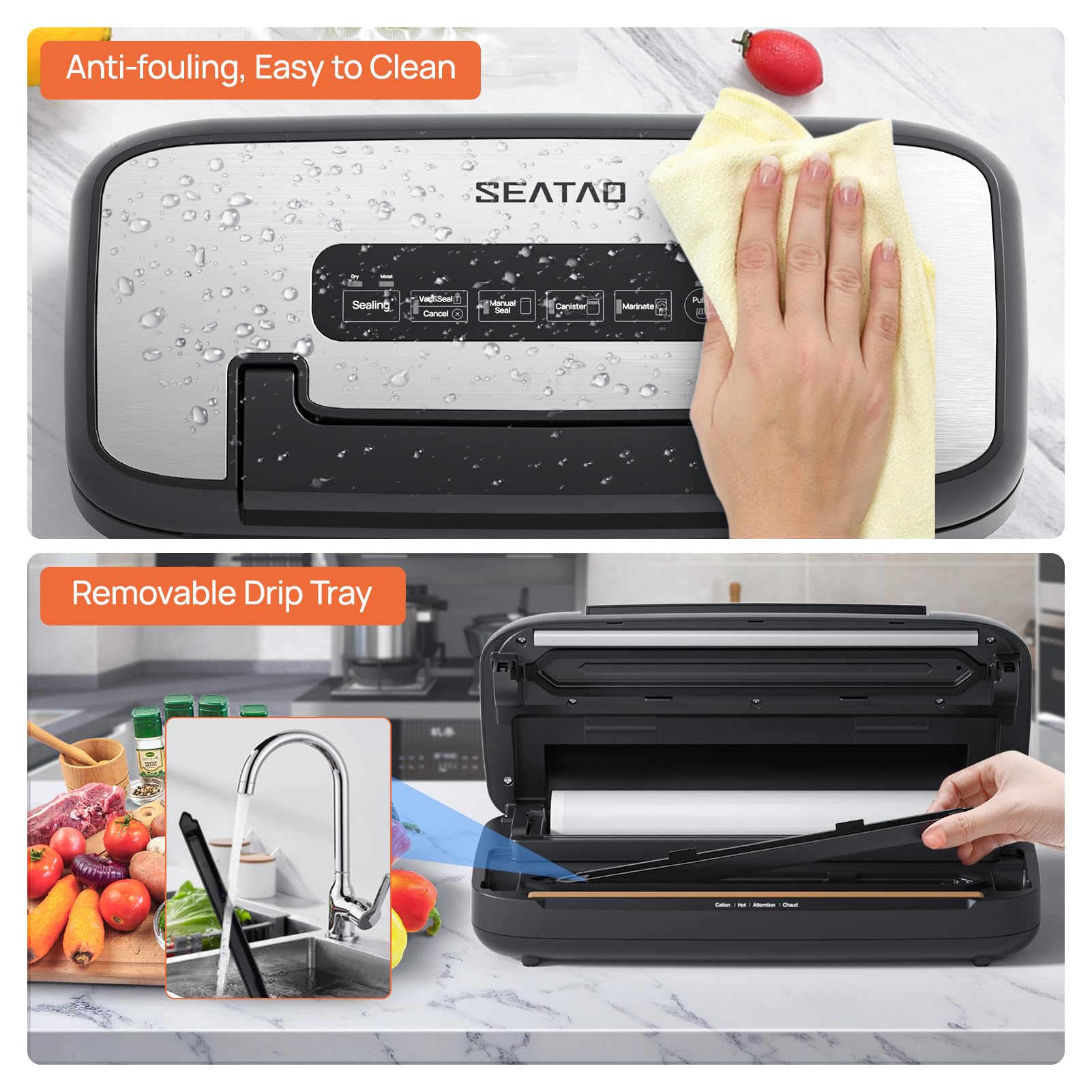 SEATAO 80Kpa Vacuum Sealer Machine for Food Preservation - Dry & Moist Modes, Locking Handle Design, Removable Drip Tray, Built-in Cutter & Bag Storage | Perfect for Meal Prep, Sous Vide, Freezing & Extending Food Freshness
