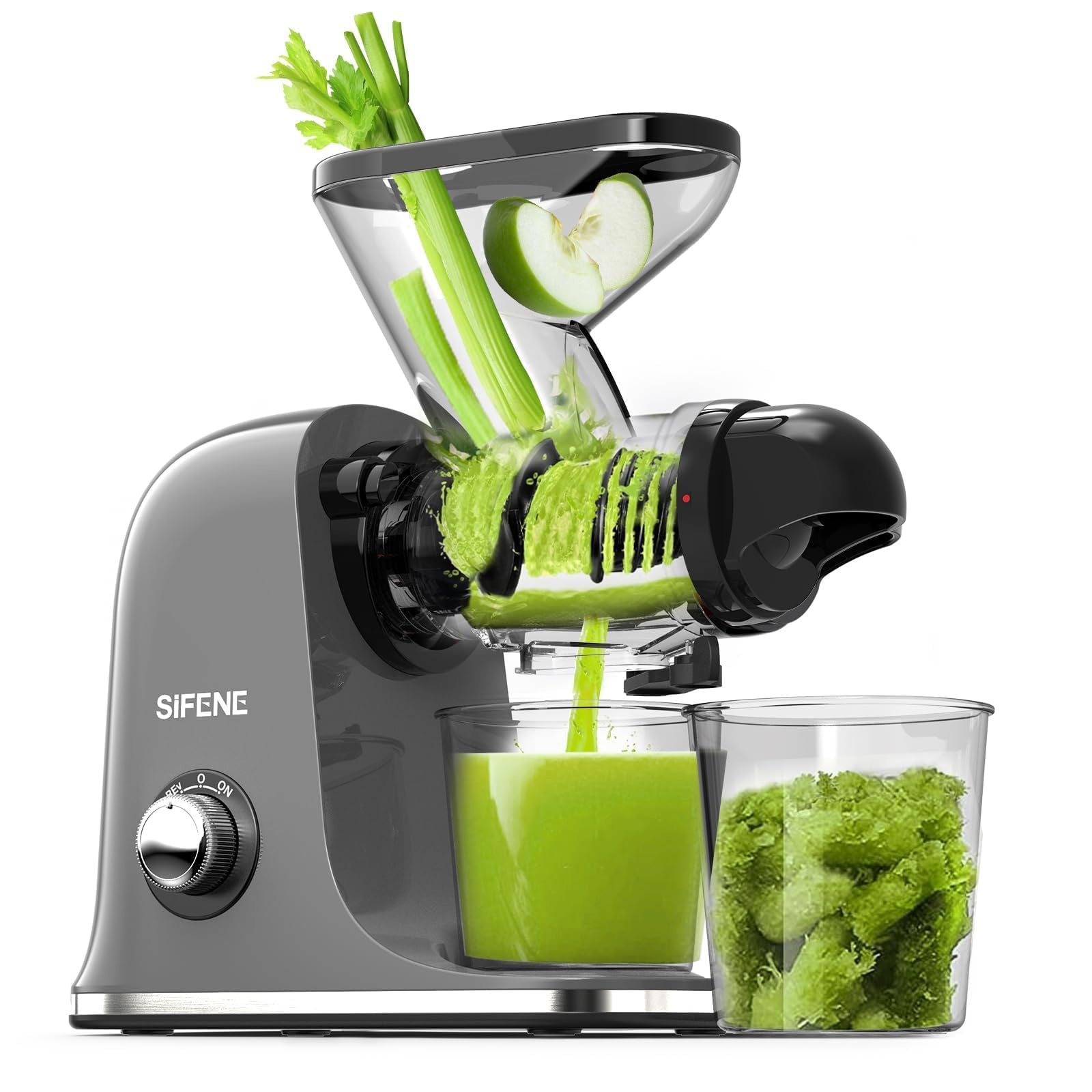 SiFENE Slow Masticating Juicer - Cold Press Juicer Machine for Fruits & Vegetables, Compact Single Serve Juice Extractor with Easy Clean Design, BPA-Free (Grey) - Perfect for Healthy Juicing at Home, Office or Gym