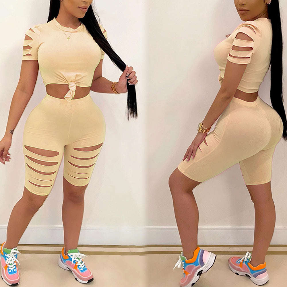 Trendy Casual Women's Sports Suit with Distressed Hole Design - Perfect for Gym, Yoga & Streetwear Fashion