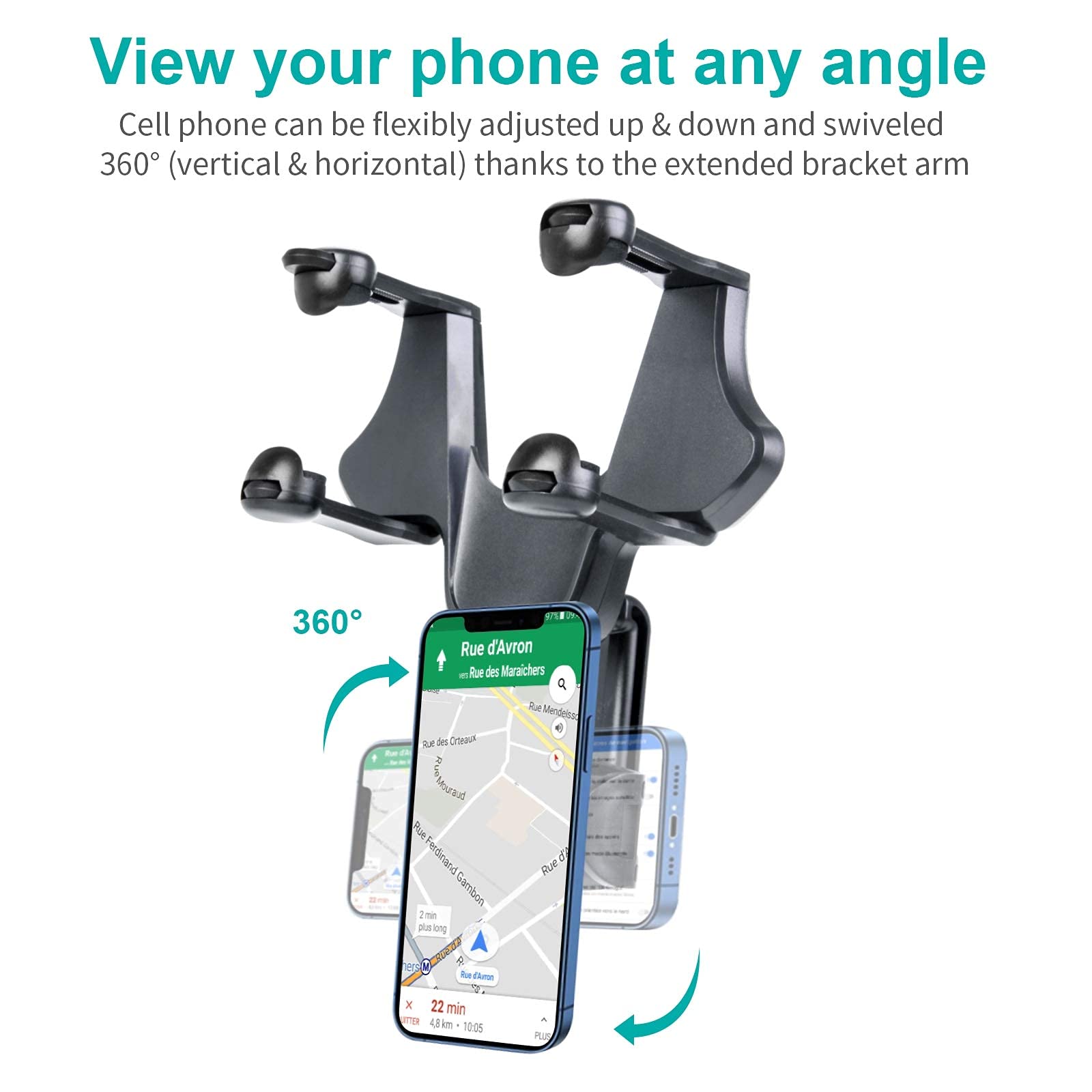 360° Swivel Car Phone Mount Holder for iPhone & Android - Universal Clip-On Rearview Mirror Phone Stand for 3.5-7