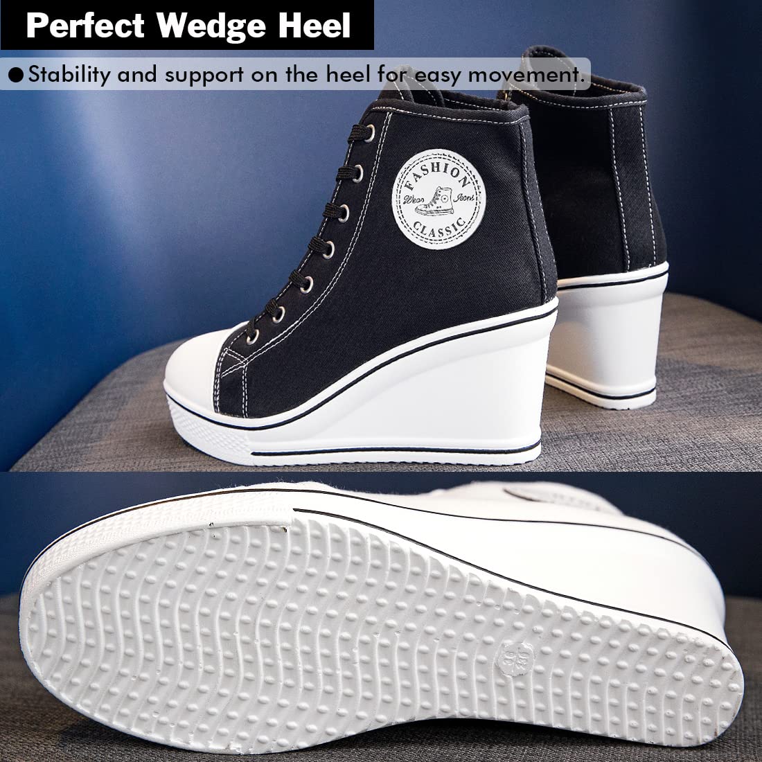Mei MACLEOD Women's High Top Canvas Wedge Sneakers - Comfortable Lace Up High Heel Shoes for Teen Girls & College Students | Casual Wear, Campus Fashion, Everyday Outfits