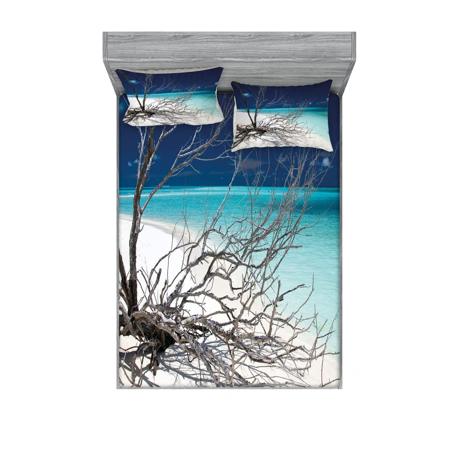 Ambesonne 2-Pack Queen Size Fitted Sheets & 4 Pillow Shams Set - Coastal Seascape Driftwood Design in Turquoise Blue | Beach Themed Bedding Decor for Guest Rooms, Vacation Homes & Coastal Style Bedrooms