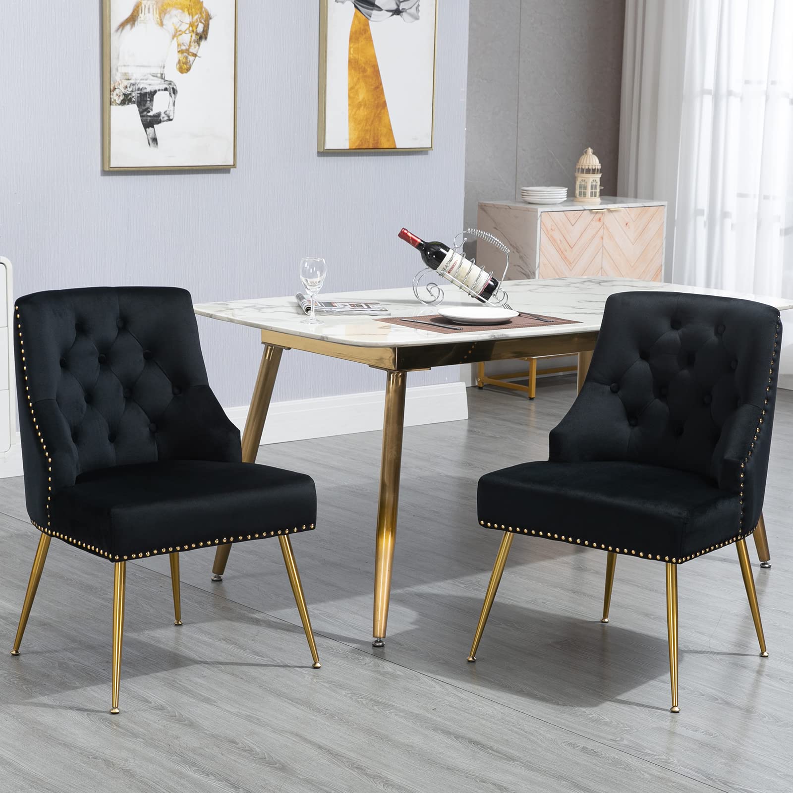 Luxury Velvet Dining Chairs Set of 6 - Modern Mid-Back Upholstered Button-Tufted Armless Chairs with Gold Metal Legs for Kitchen, Dining Room & Living Room - Elegant Home Decor for Dinner Parties & Family Gatherings (Black)