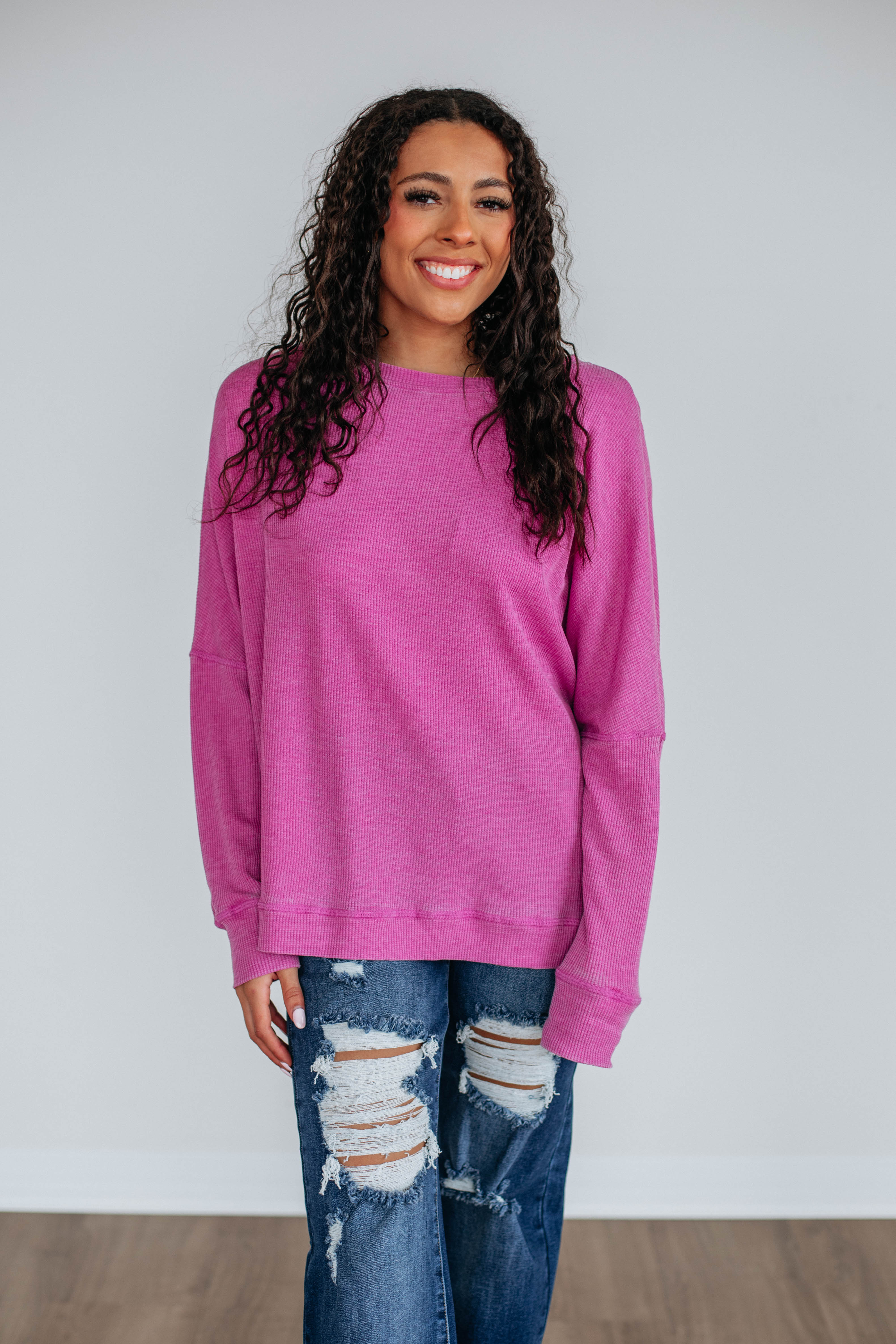 Breathable Waffle Knit Top for Women - Soft Orchid Color - Perfect for Casual Wear, Layering & Everyday Comfort